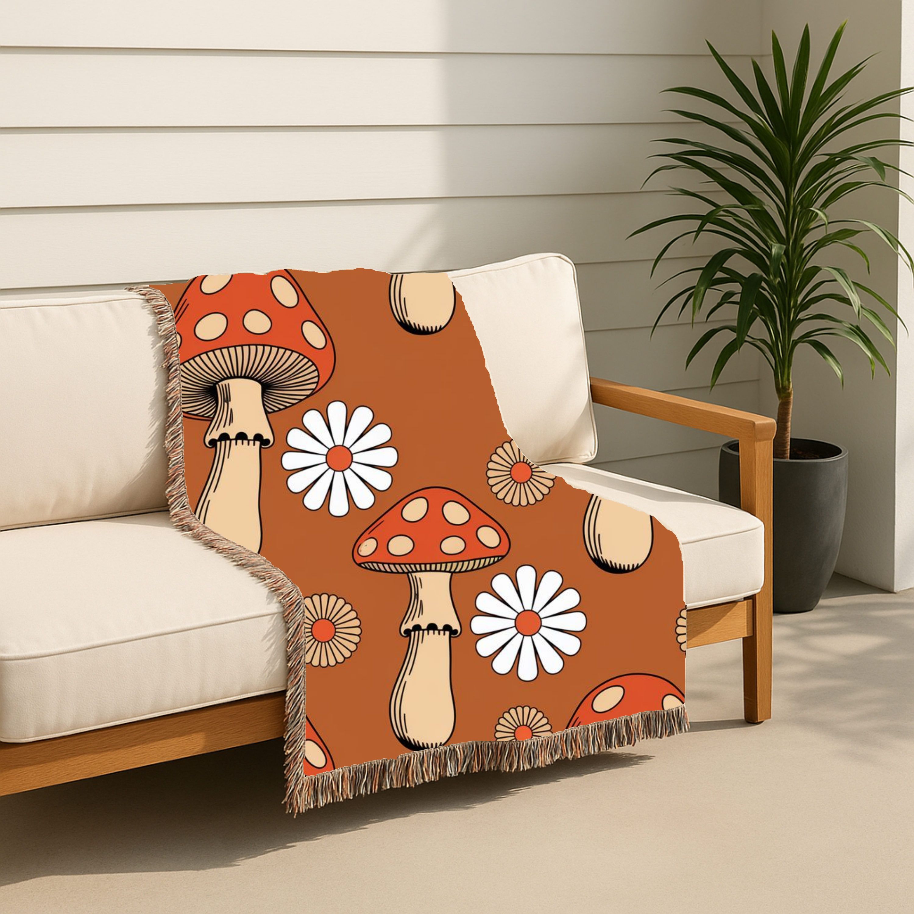 Groovy Mushroom Throw — 1970s Toadstool Daisy Woven Blanket