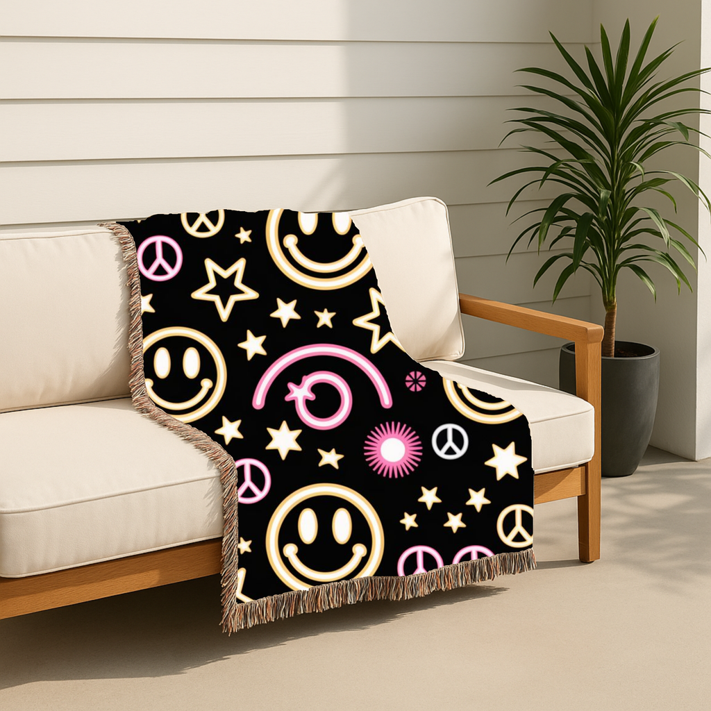 Happy Daze Throw — 1990s Smiley Face & Peace Woven Blanket
