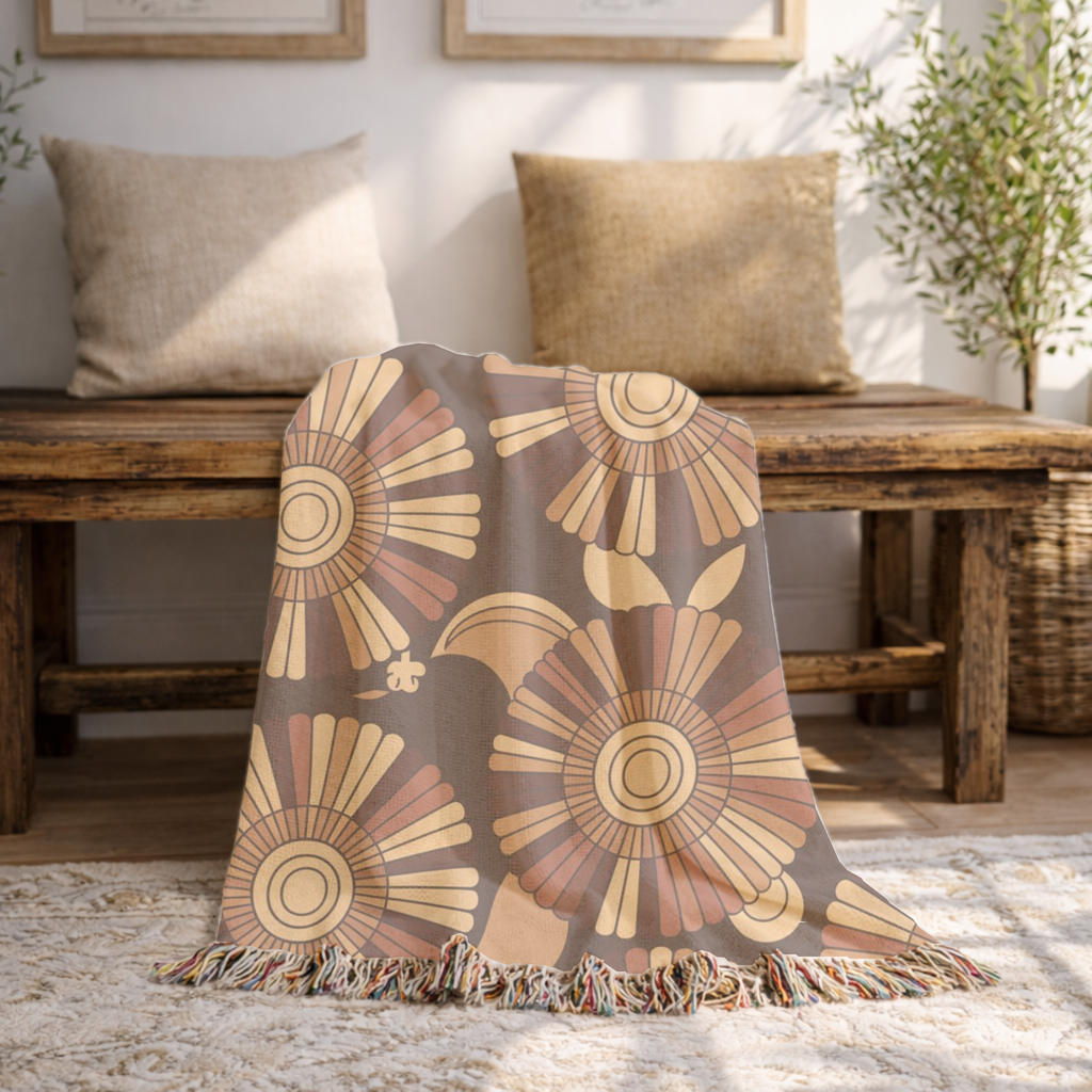 🌻  Tawny Bloom Throw — 1970s Art Nouveau Woven Blanket