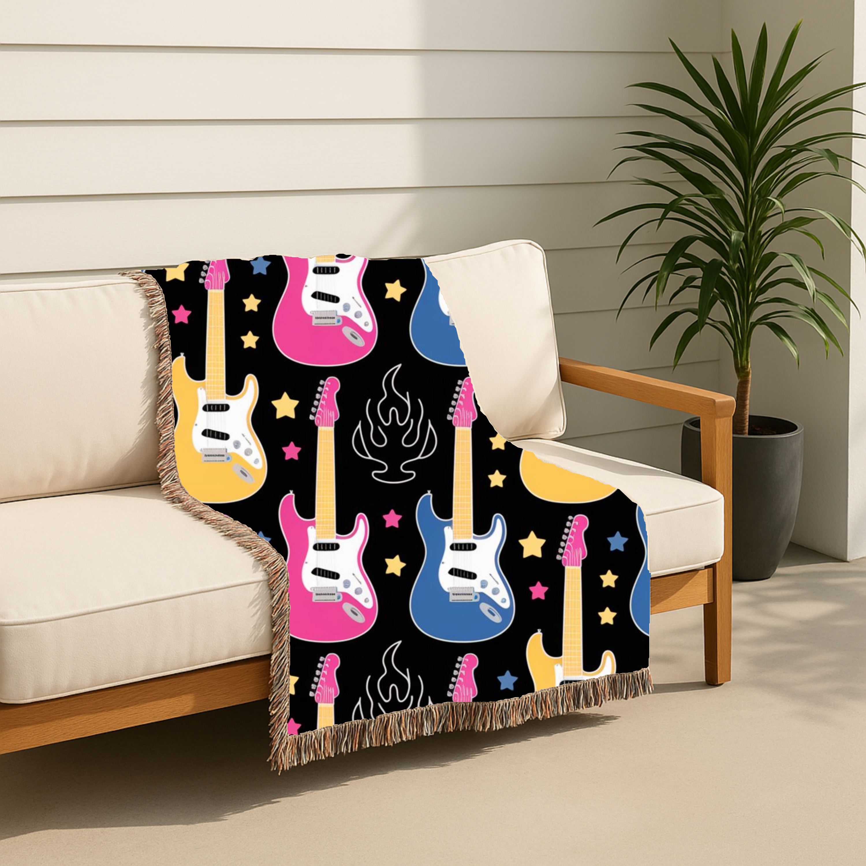 Rock Flame Throw — 1980s Guitar Fire Woven Blanket