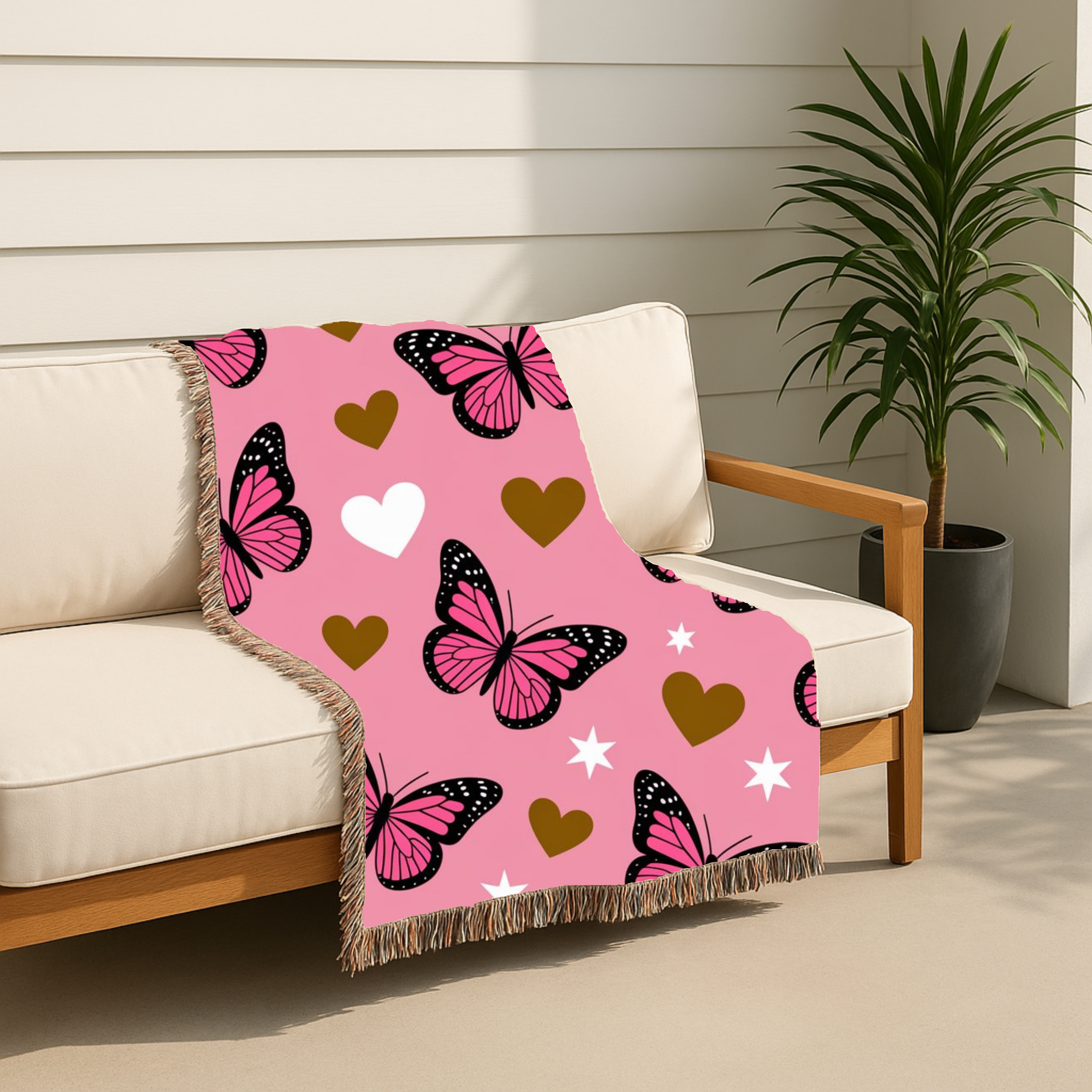 Butterfly Kiss Throw — 2000s Pink Butterfly & Heart Woven Blanket