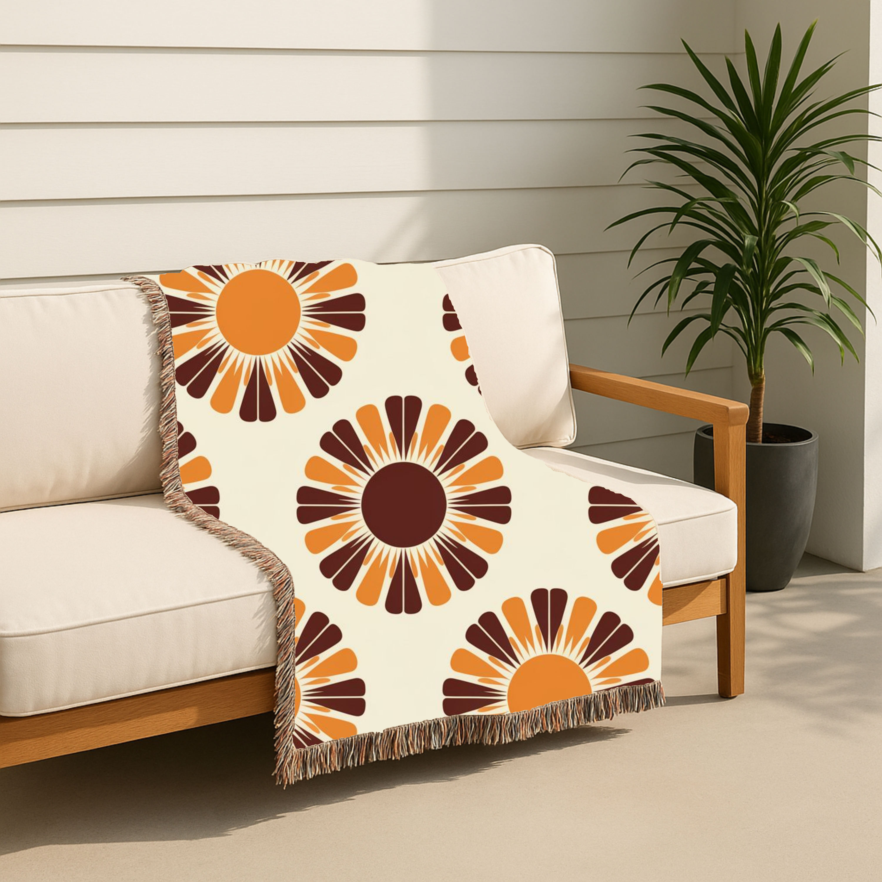 Harvest Sunflower Throw — 1970s Folk Sunflower Woven Blanket