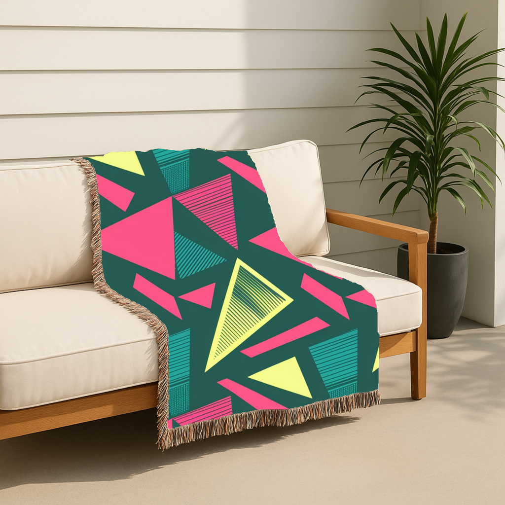 Neon Triangle Throw — 1980s Memphis Geometric Woven Blanket