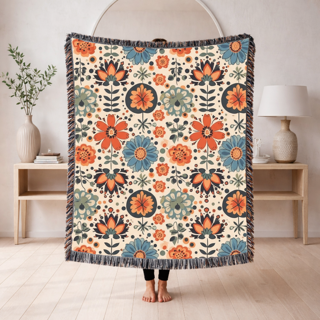 Folk Floral Throw — 1940s Botanical Garden Woven Blanket