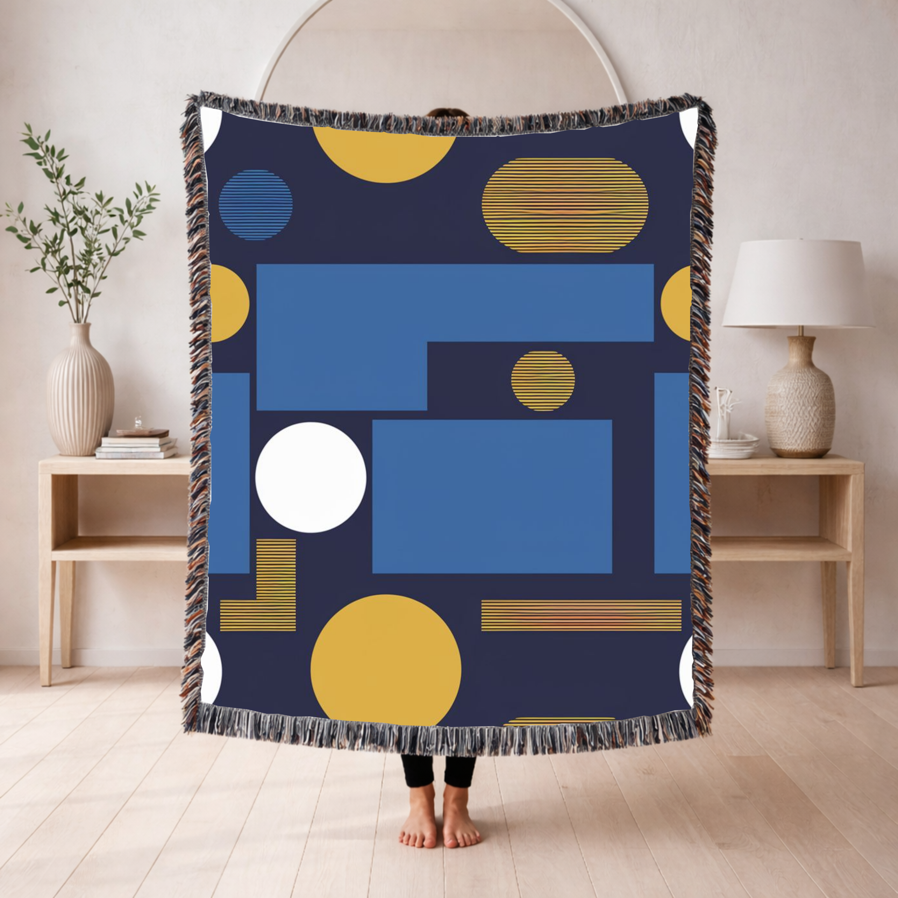 🔵 Mondrian Throw — 1960s Bauhaus Geometric Woven Blanket