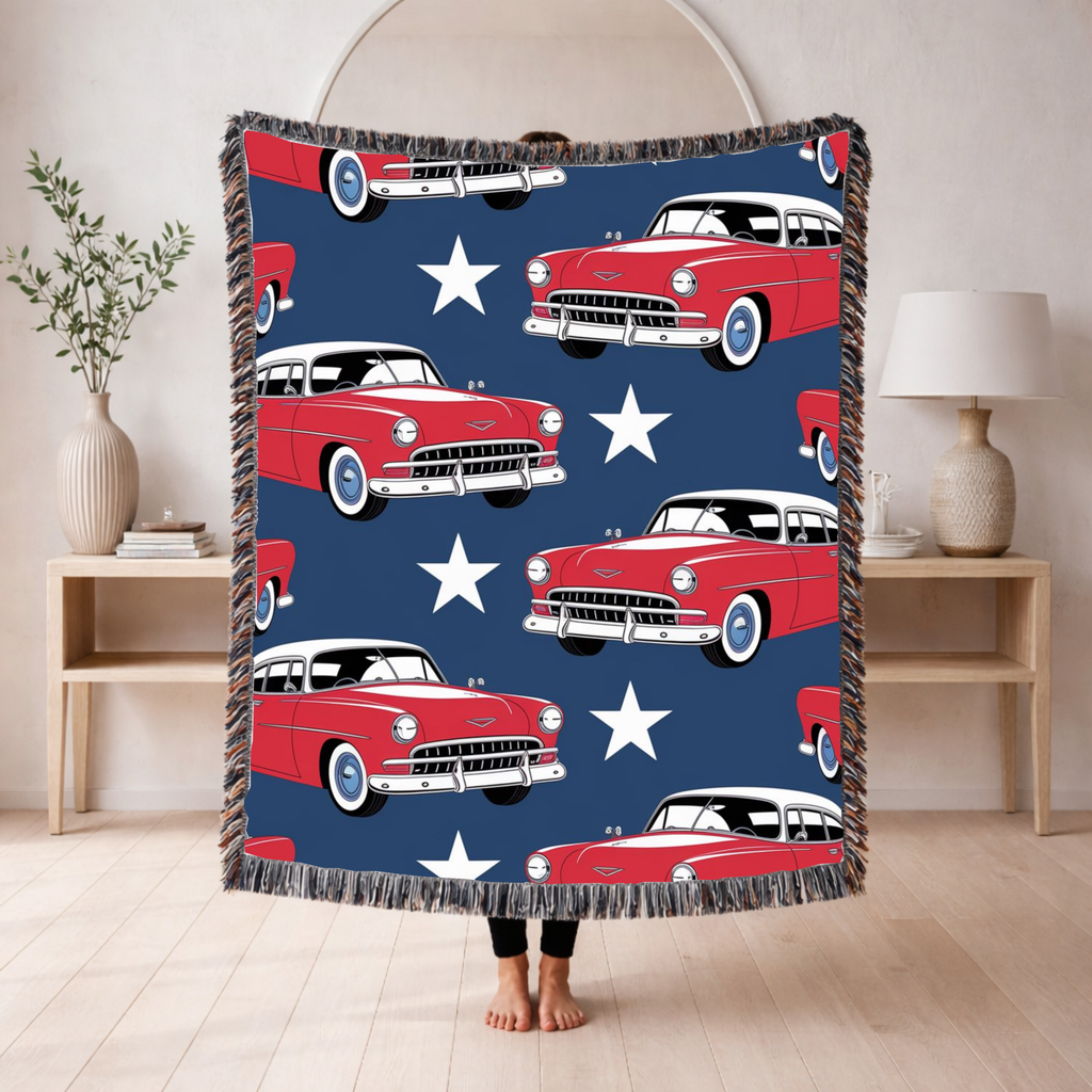 🚗 Cruisin' Throw — 1950s Classic American Car Woven Blanket