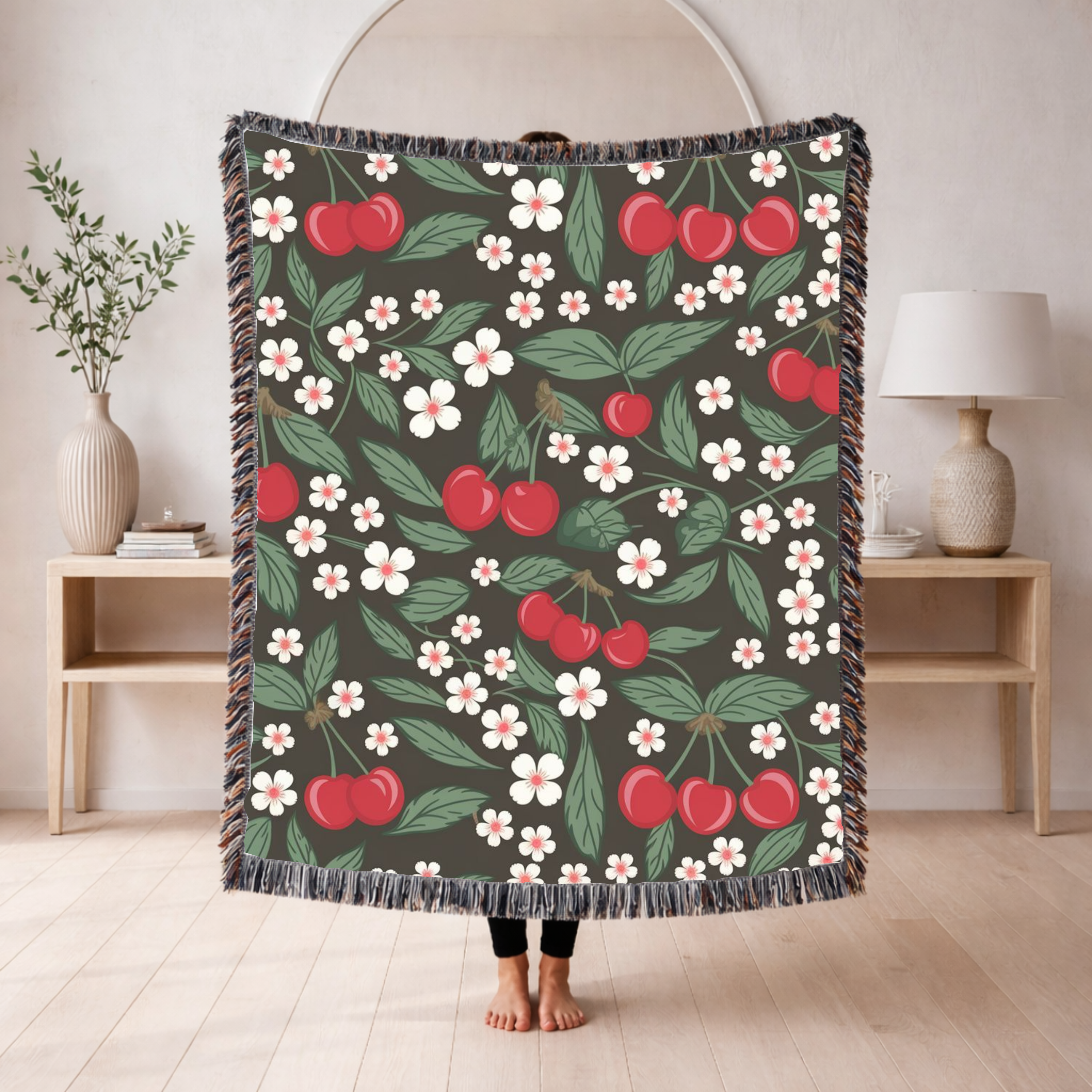 🍒 Cherry Blossom Throw -  1950s Vintage Kitchen Woven Blanket