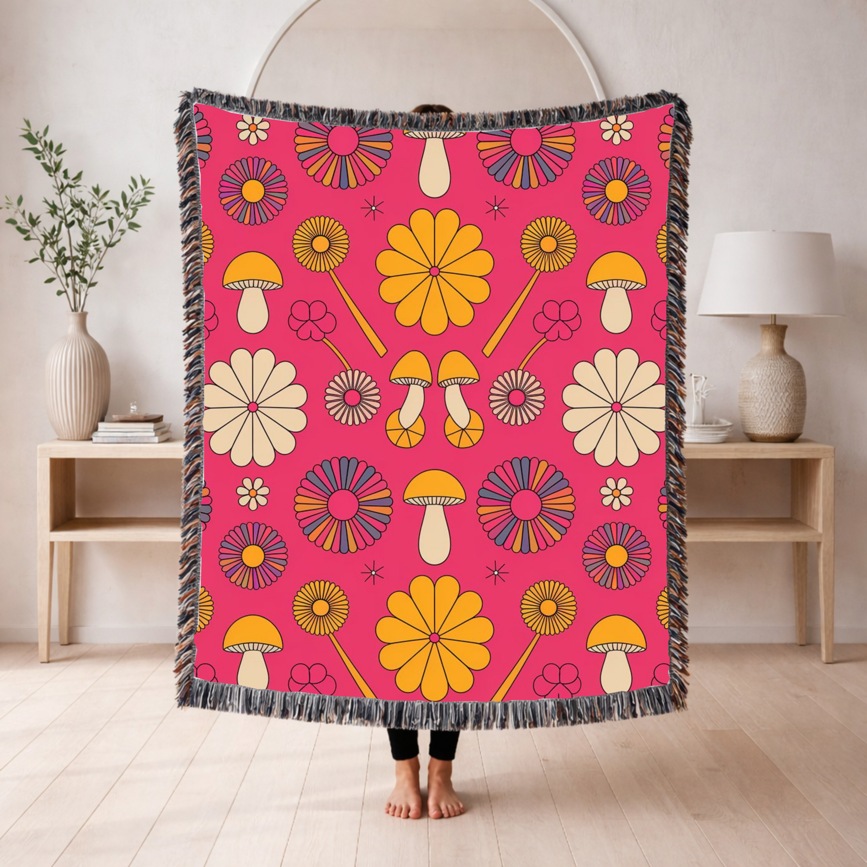 🌸 Groovy Garden Throw — 1960s Rainbow Flower Woven Blanket