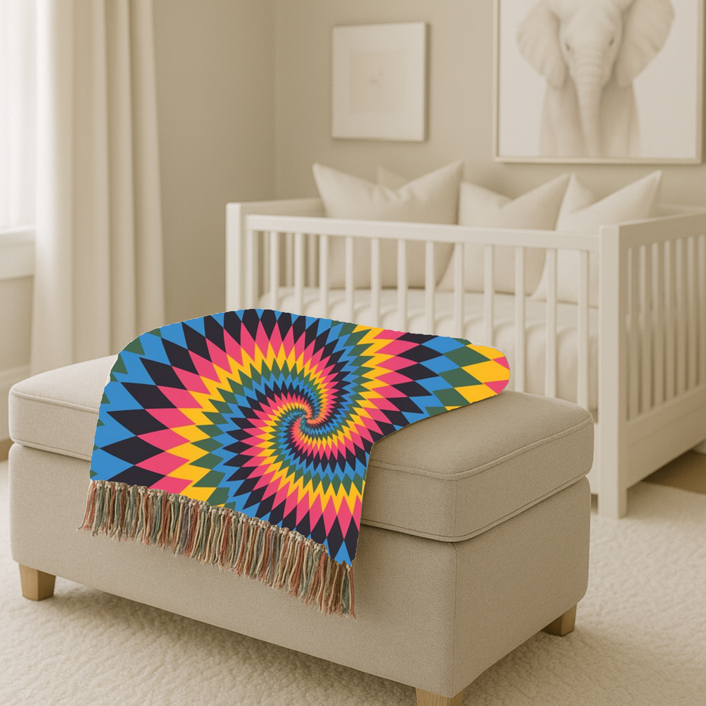 Spectrum Throw — 1990s Rainbow Spiral Woven Blanket