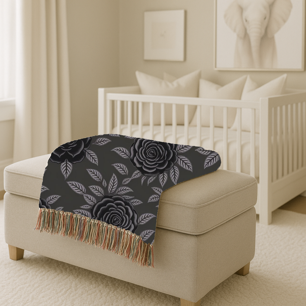 Midnight Rose Throw — 1990s Gothic Floral Woven Blanket