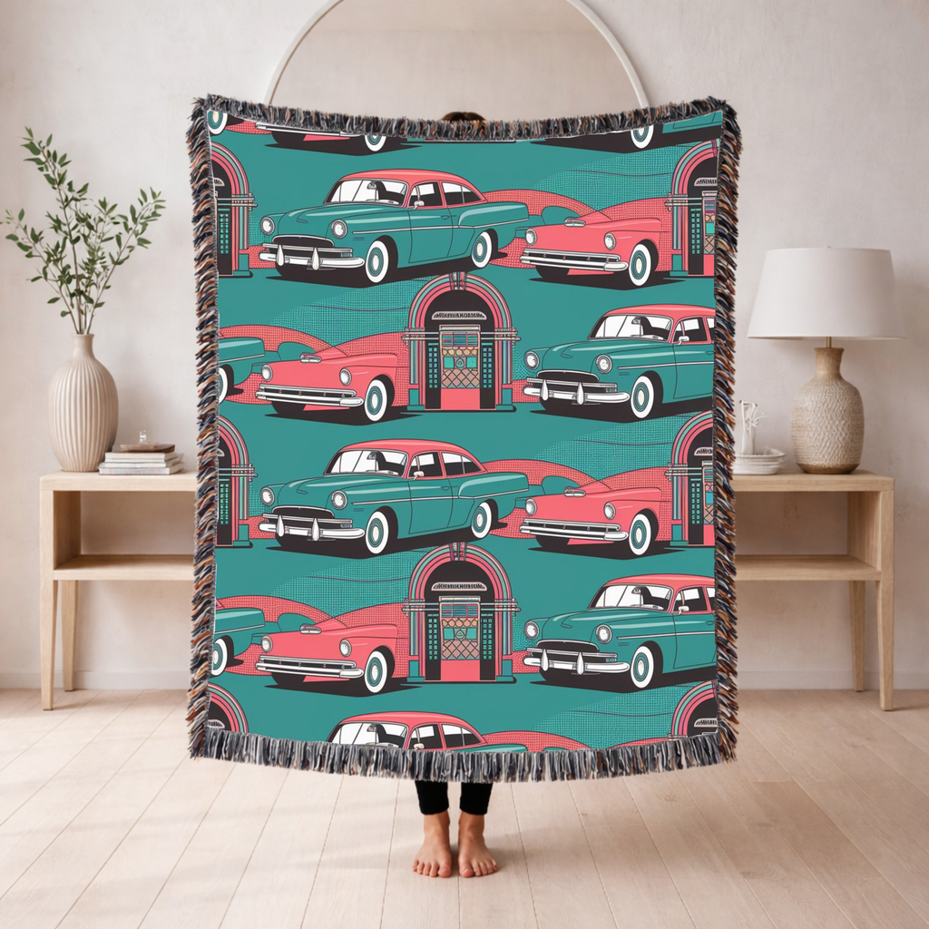 🎵 Rock Around Throw — 1950s Diner Jukebox Woven Blanket