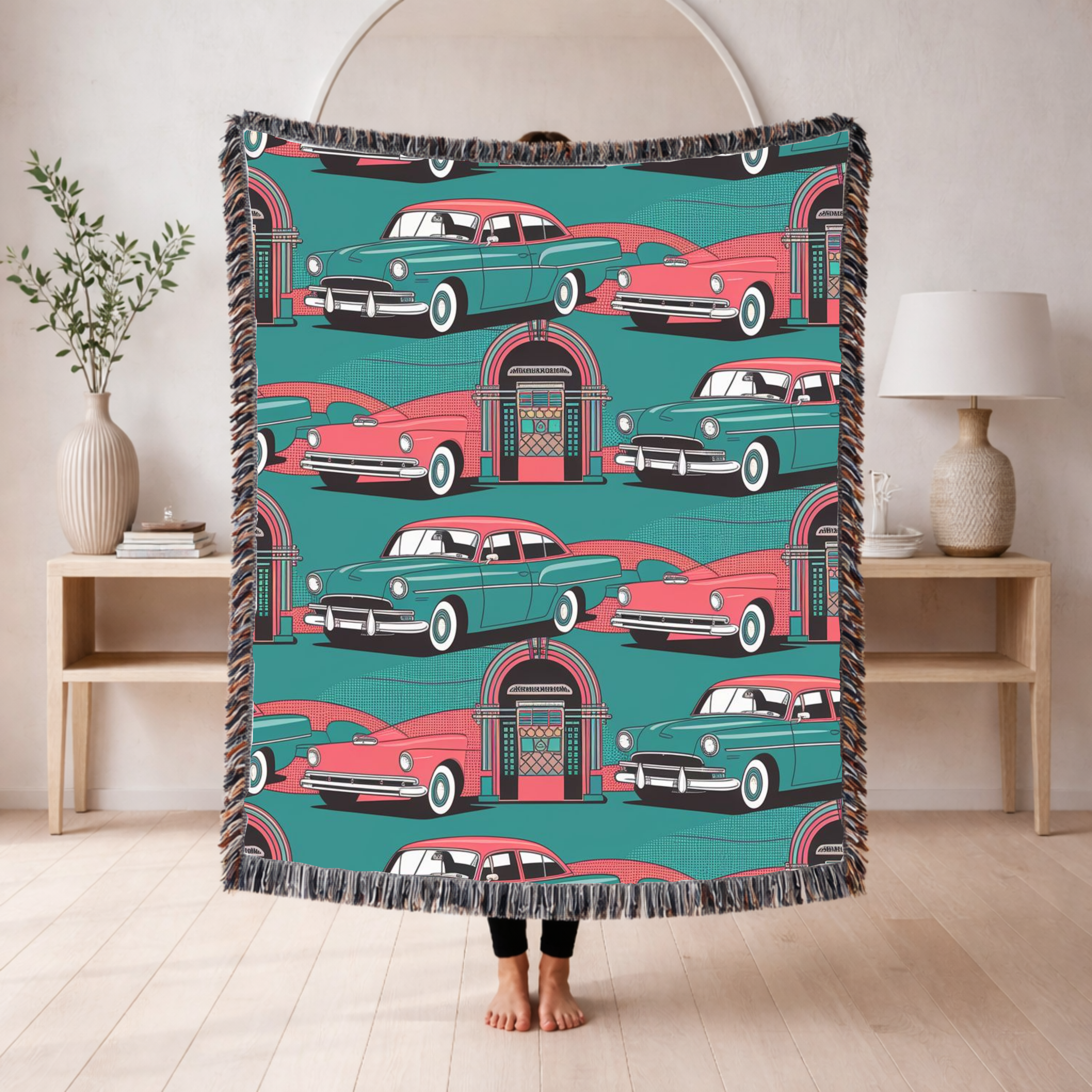 🎵 Rock Around Throw — 1950s Diner Jukebox Woven Blanket
