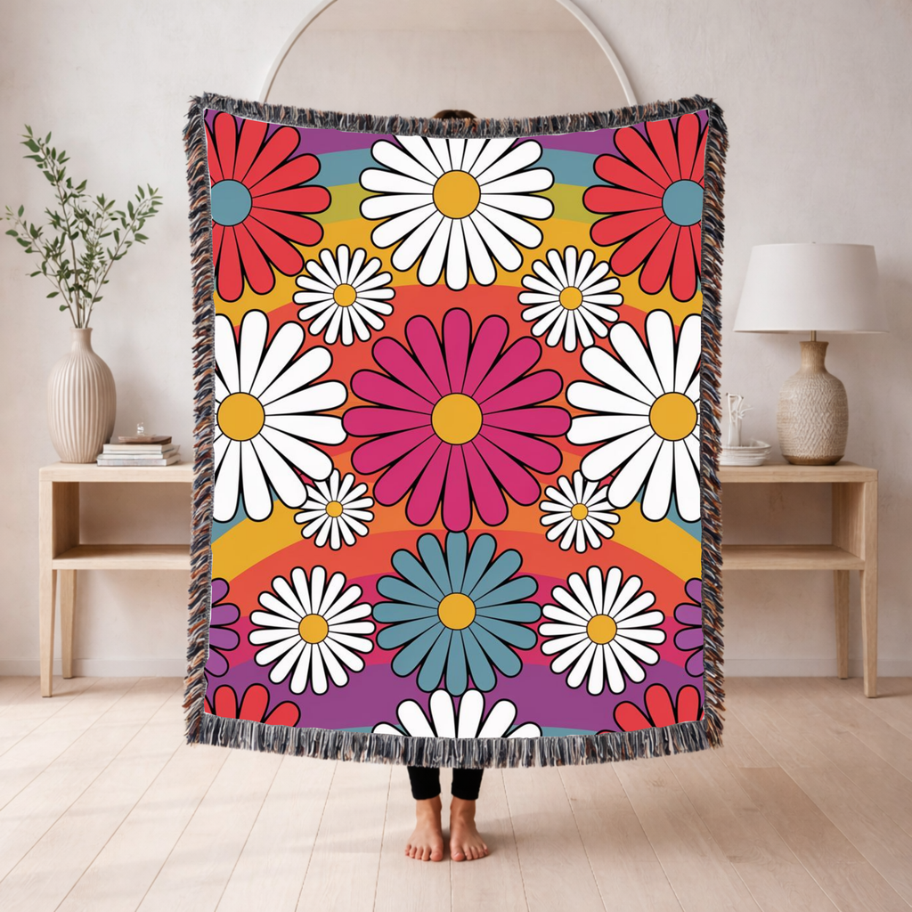 🌈  Over The Rainbow Throw — 1960s Flower Power Woven Blanket