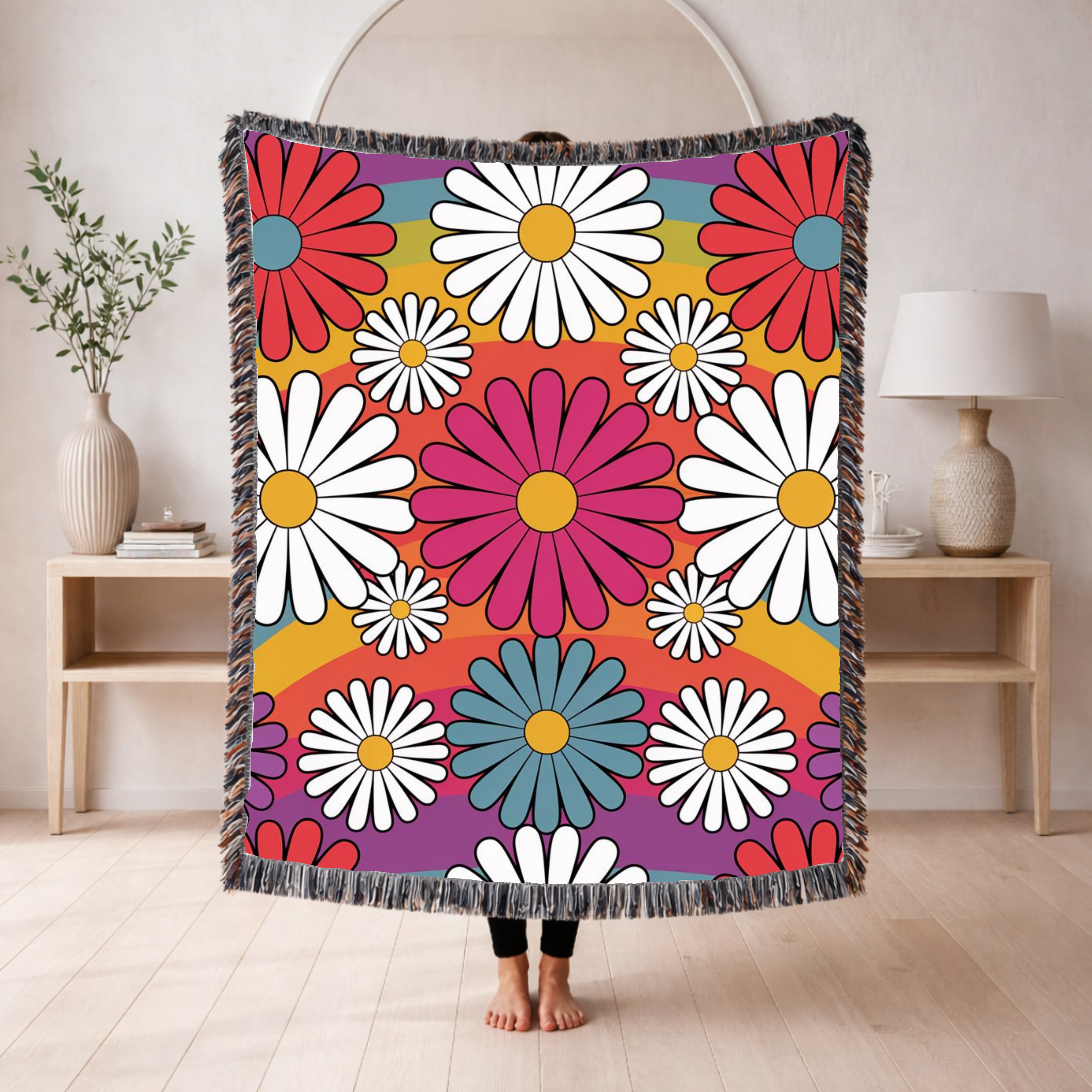 🌈  Over The Rainbow Throw — 1960s Flower Power Woven Blanket