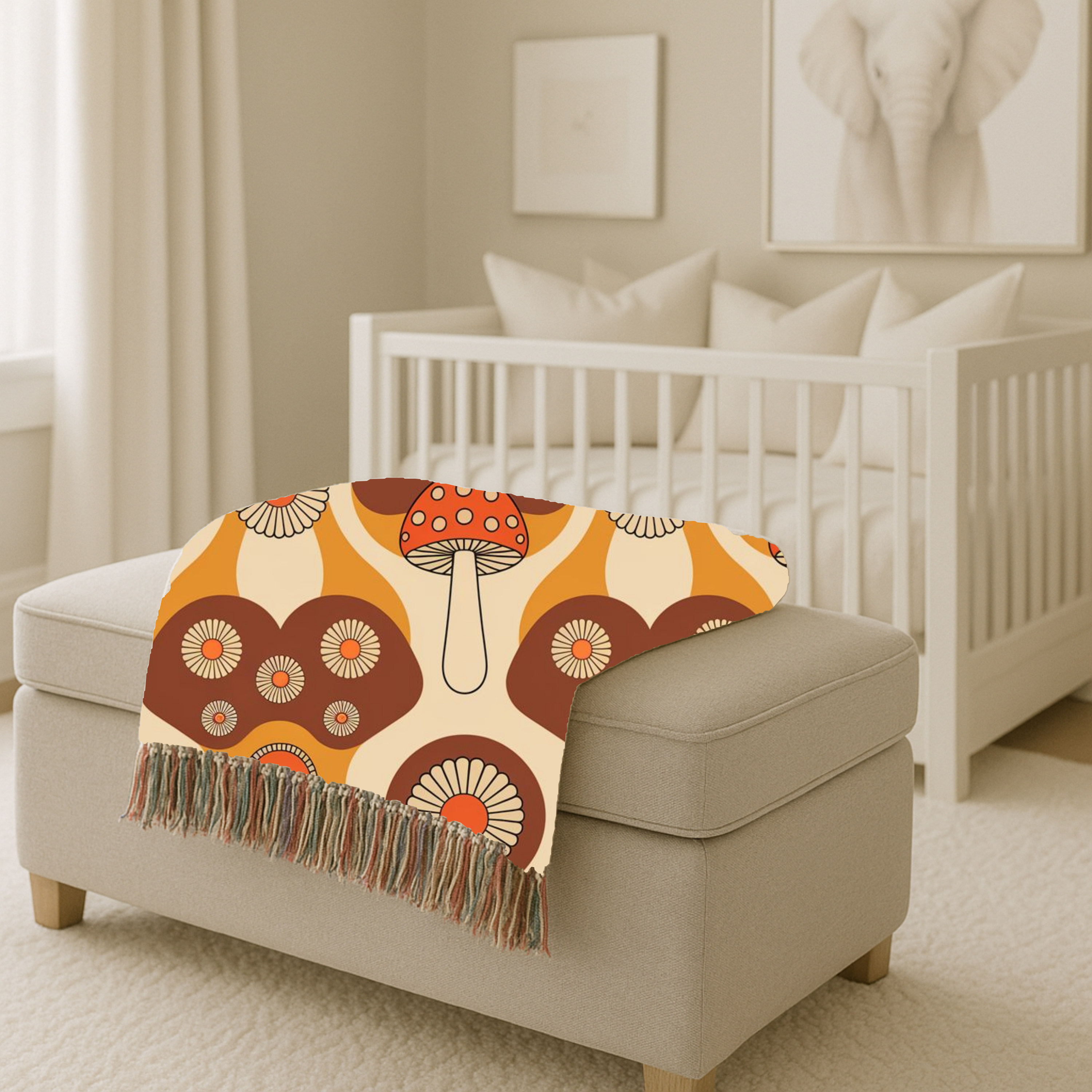 Mushroom Garden Throw — 1970s Retro Fungi Woven Blanket