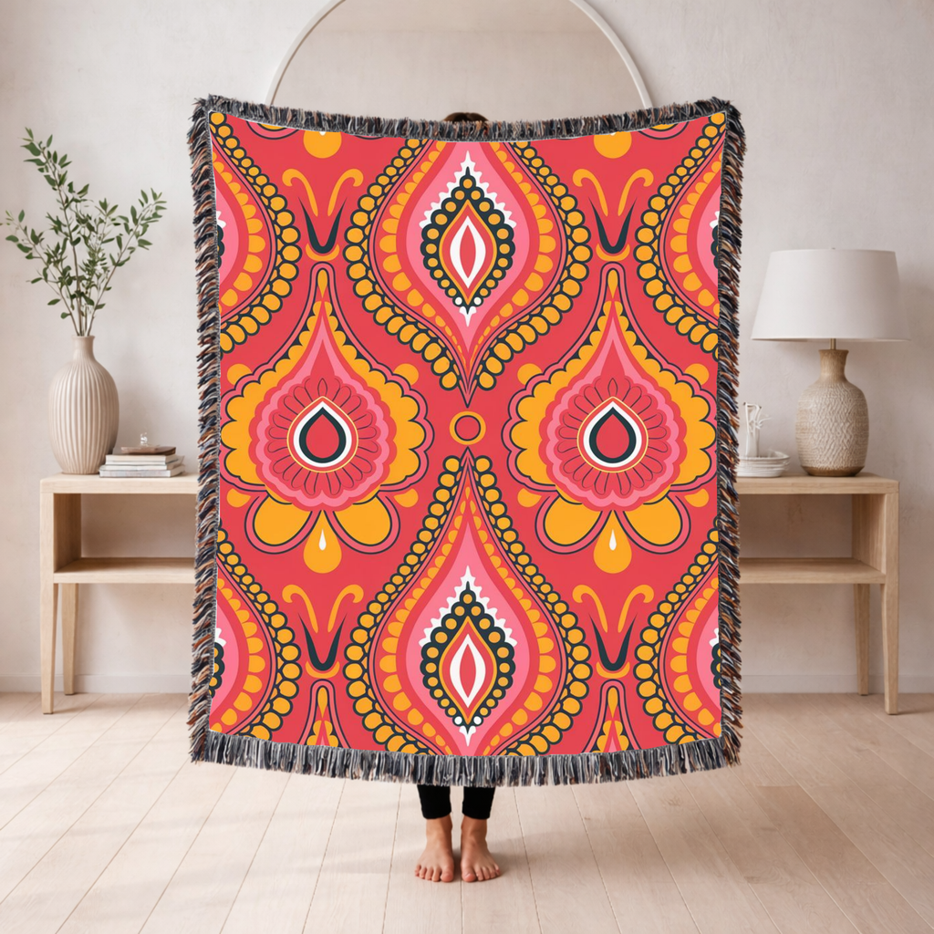 🔴 Marrakech Throw — 1970s Bohemian Paisley Woven Blanket