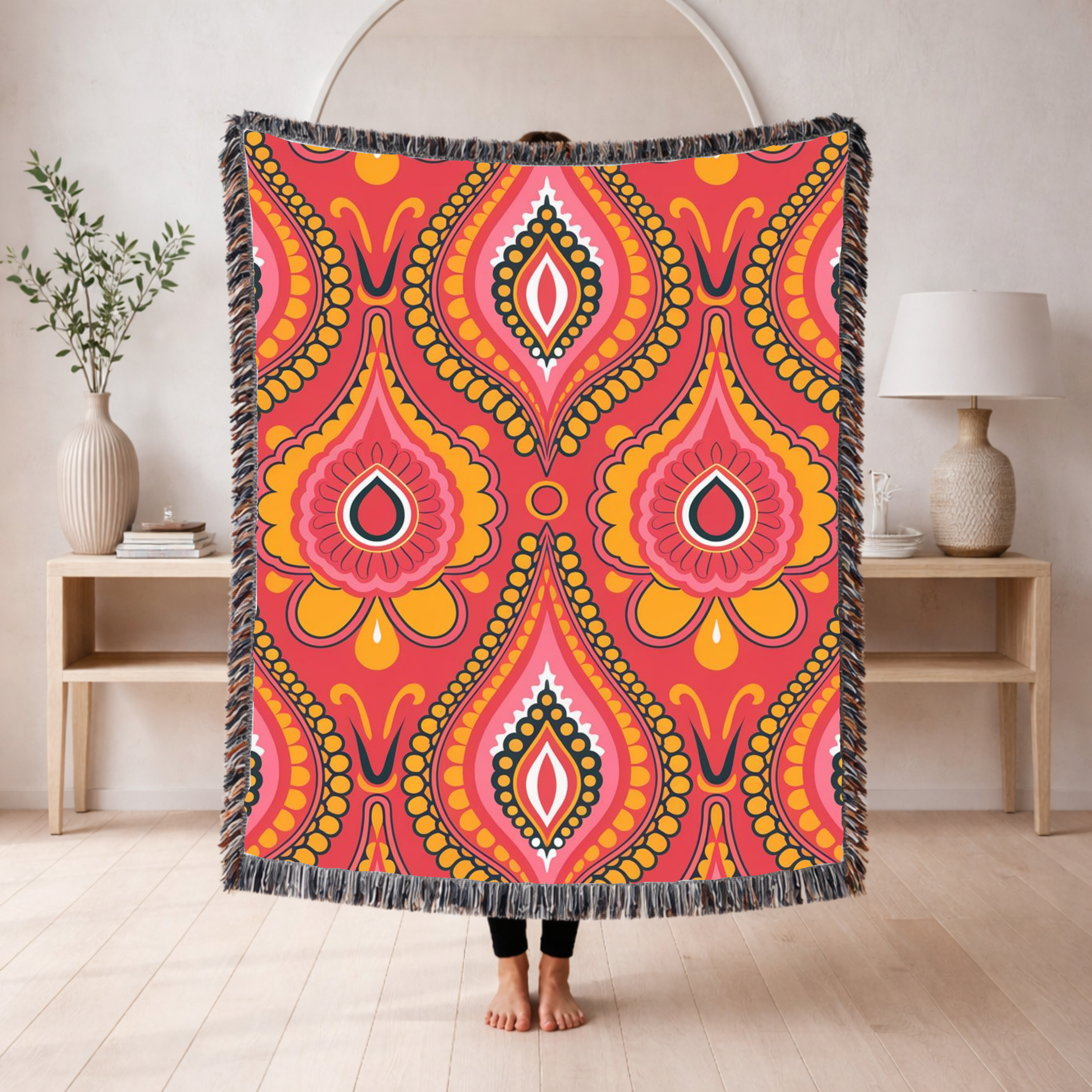 🔴 Marrakech Throw — 1970s Bohemian Paisley Woven Blanket