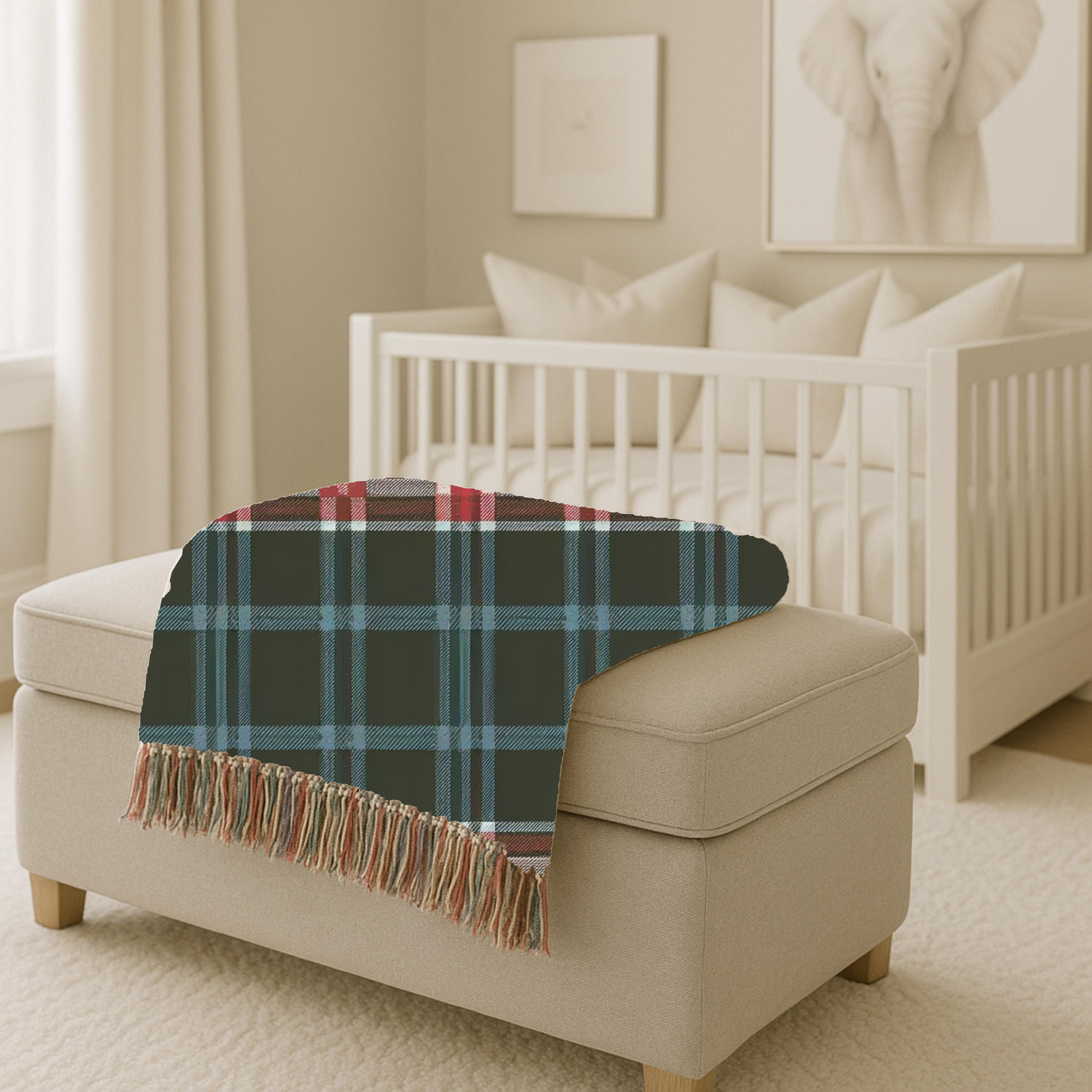 Electric Tartan Throw — 1990s Teal & Red Plaid Woven Blanket