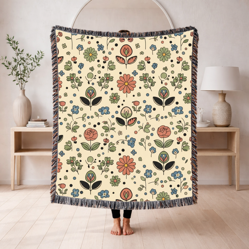 Meadow Ditsy Throw — 1940s Folk Floral Woven Blanket