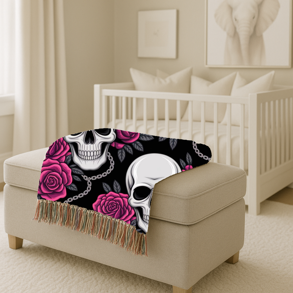 Skull & Roses Throw — 1990s Gothic Skull & Rose Woven Blanket