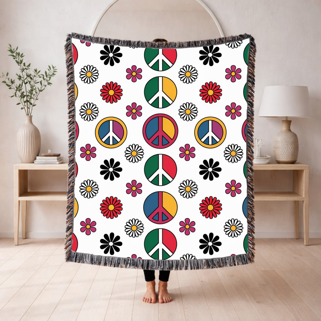 ✌️ Peace & Love Throw — 1960s Flower Power Woven Blanket