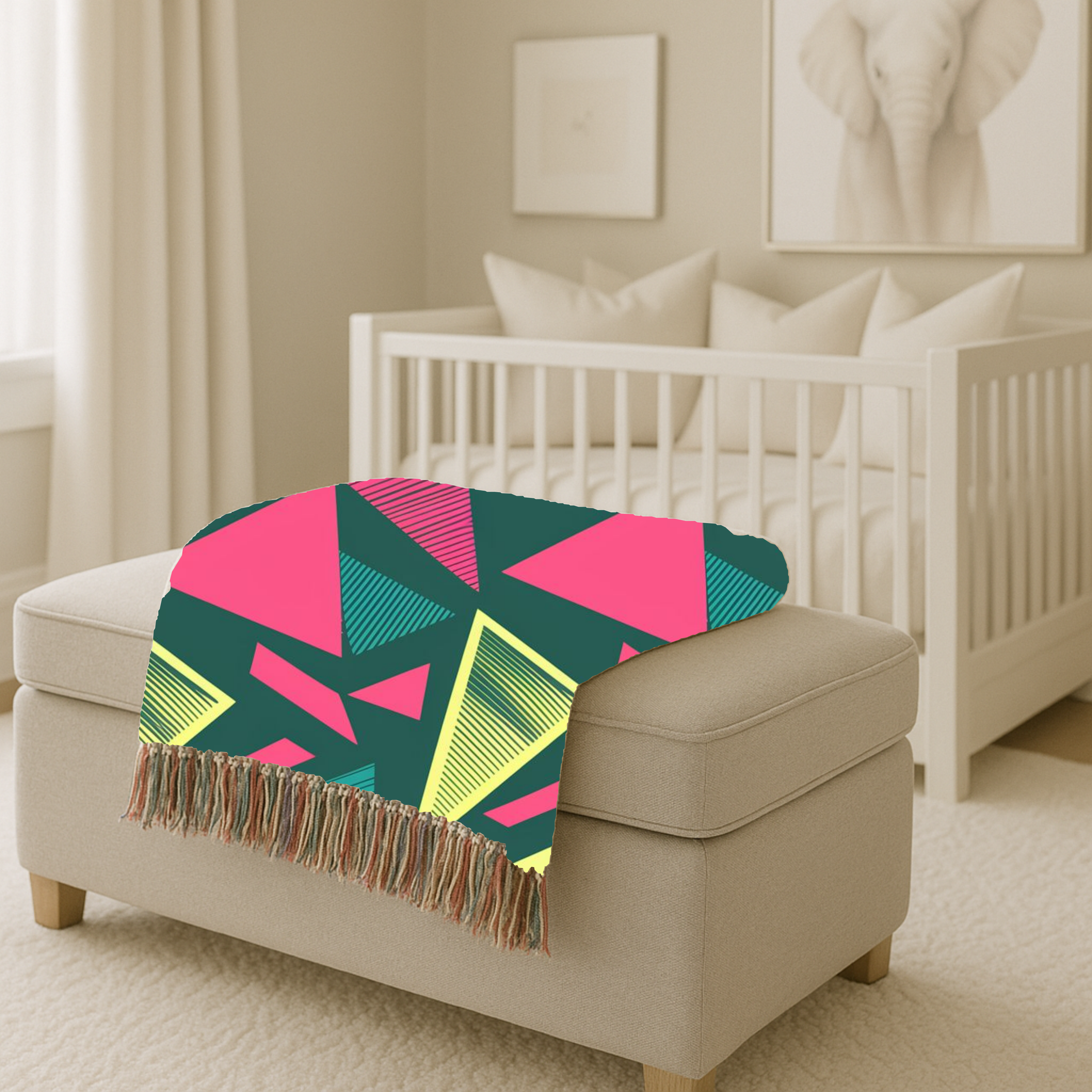 Neon Triangle Throw — 1980s Memphis Geometric Woven Blanket