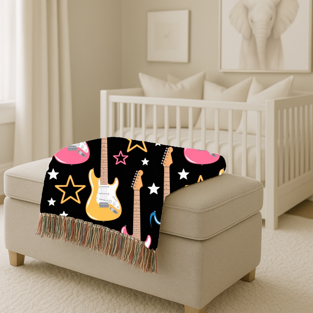 Woven Electric Guitar Throw Blanket | Pink Yellow Blue Black Stars, 1980s Rock Décor