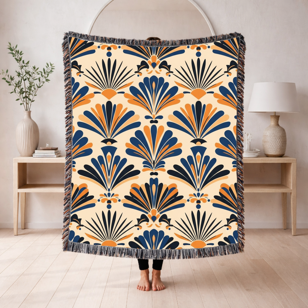 1940s Art Deco Fan Woven Blanket - 1940s Palmette Woven Blanket