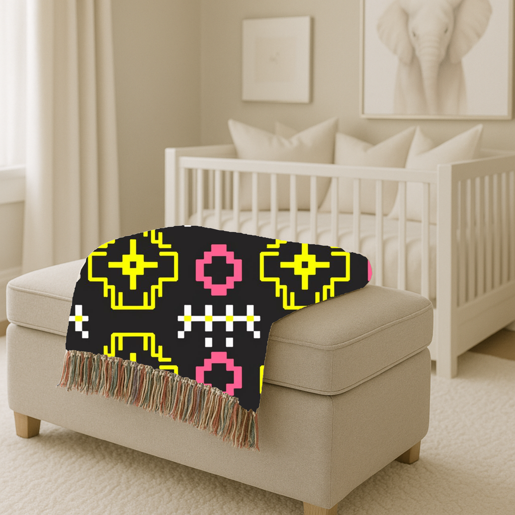 Pixel Bloom Throw — 1980s Arcade Neon Woven Blanket