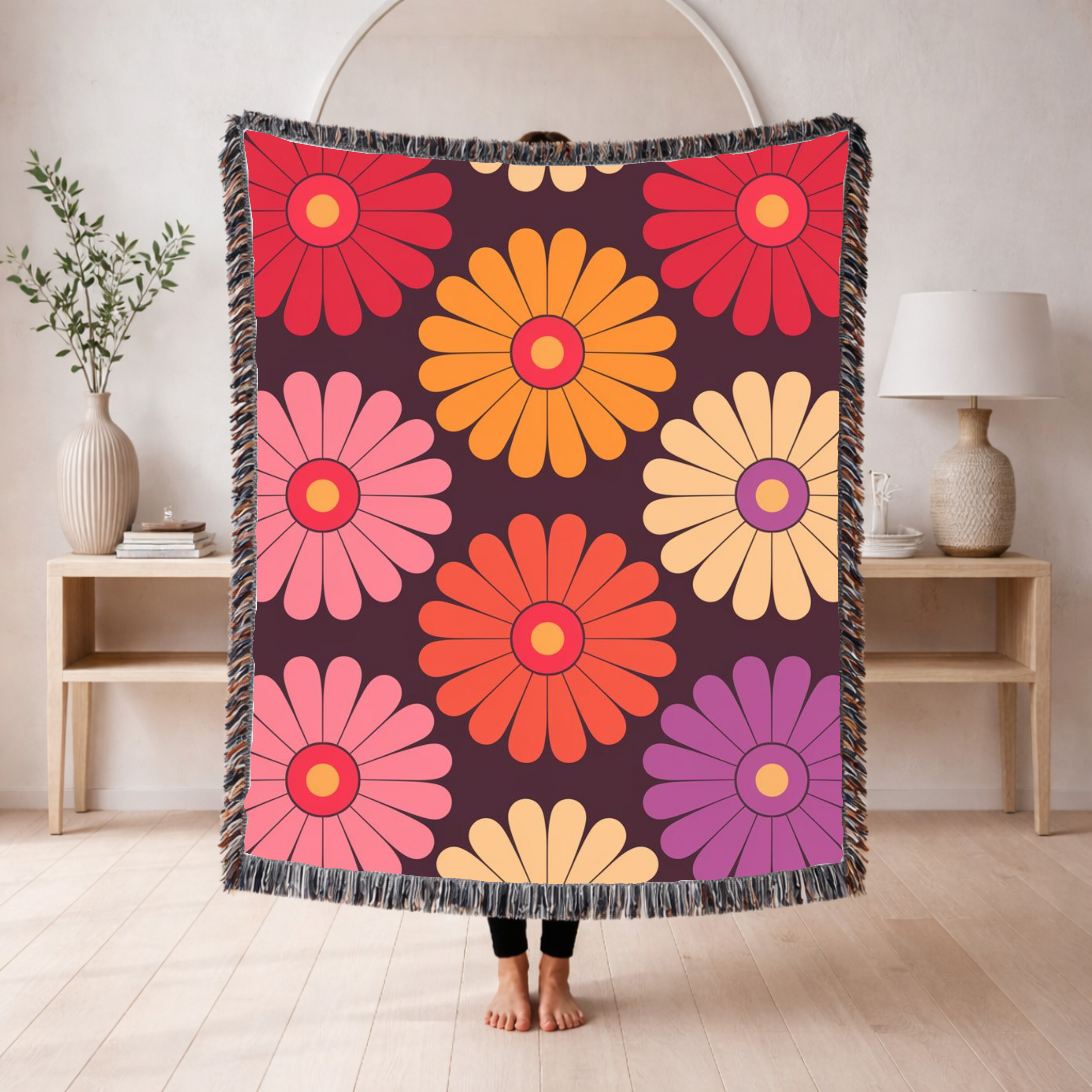 🌼 Velvet Daisy Throw — 1960s Flower Power Woven Blanket