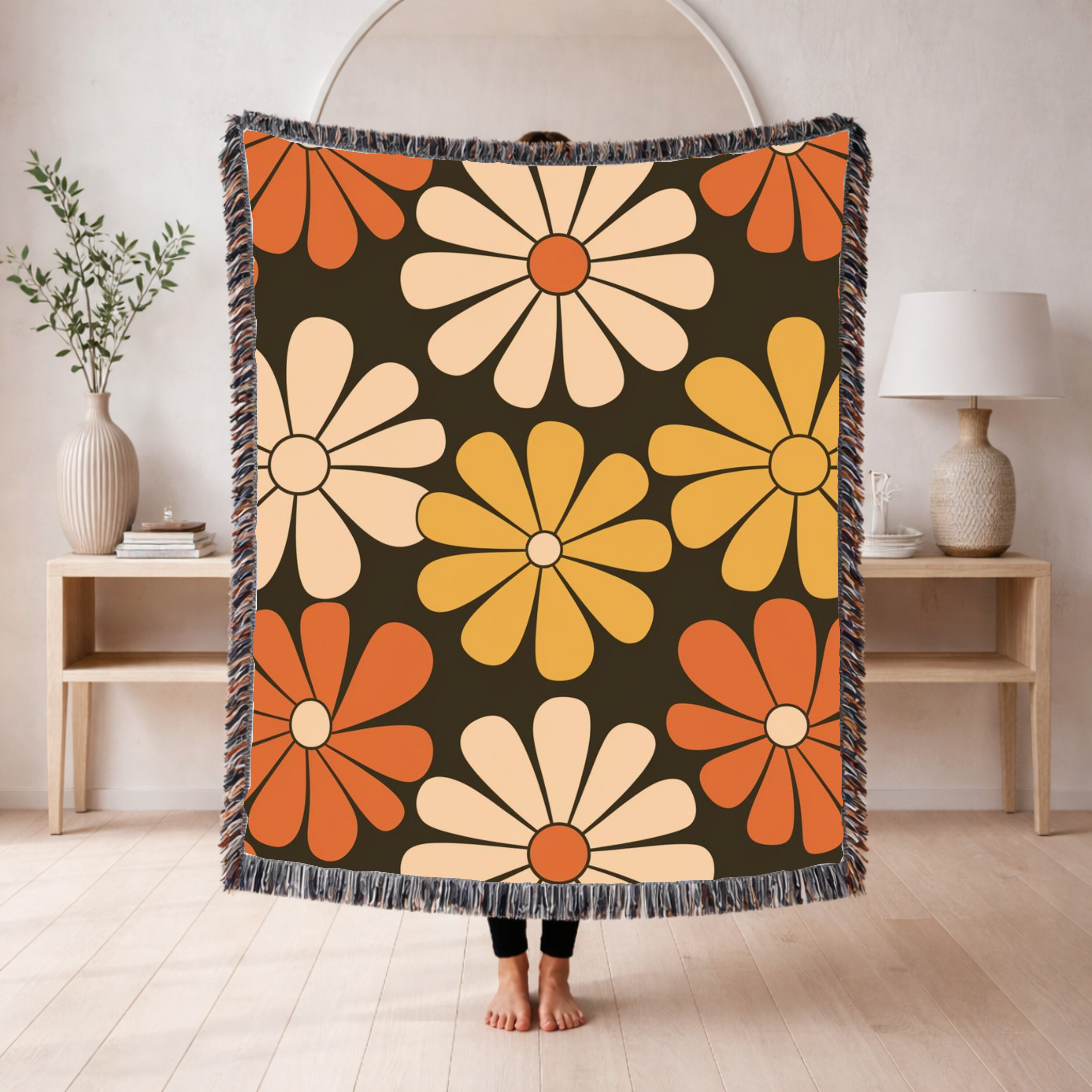 🌼  Retro Daisy Throw — 1970s Groovy Floral Woven Blanket