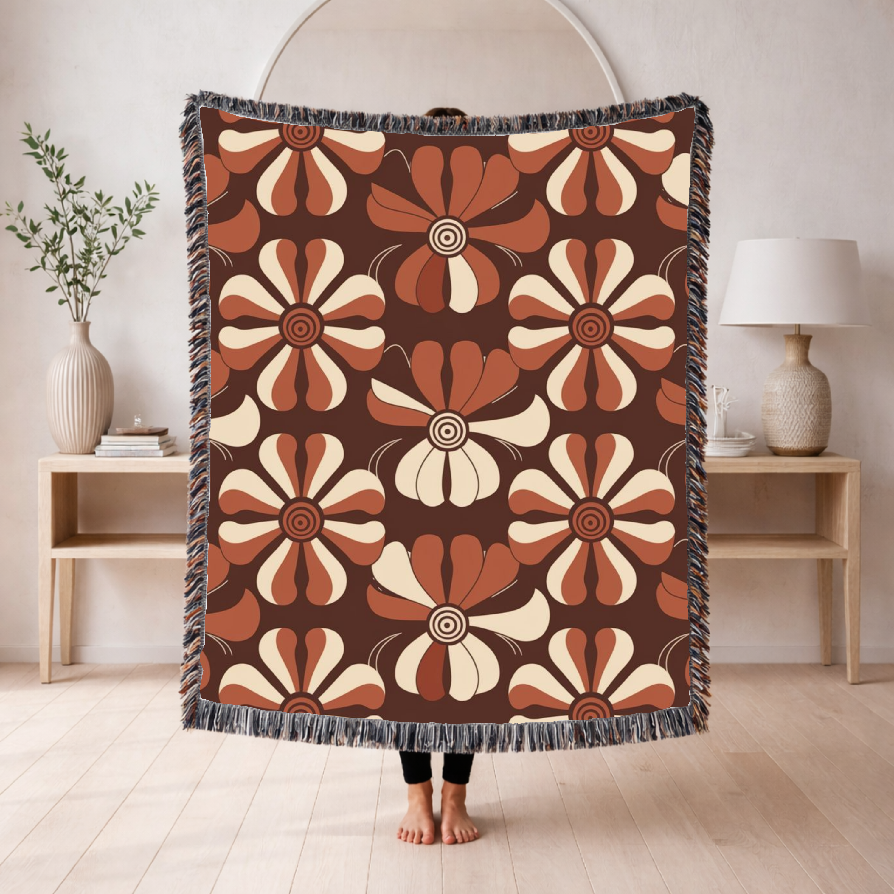 Velvet Bloom Throw — 1970s Stripe Petal Woven Blanket