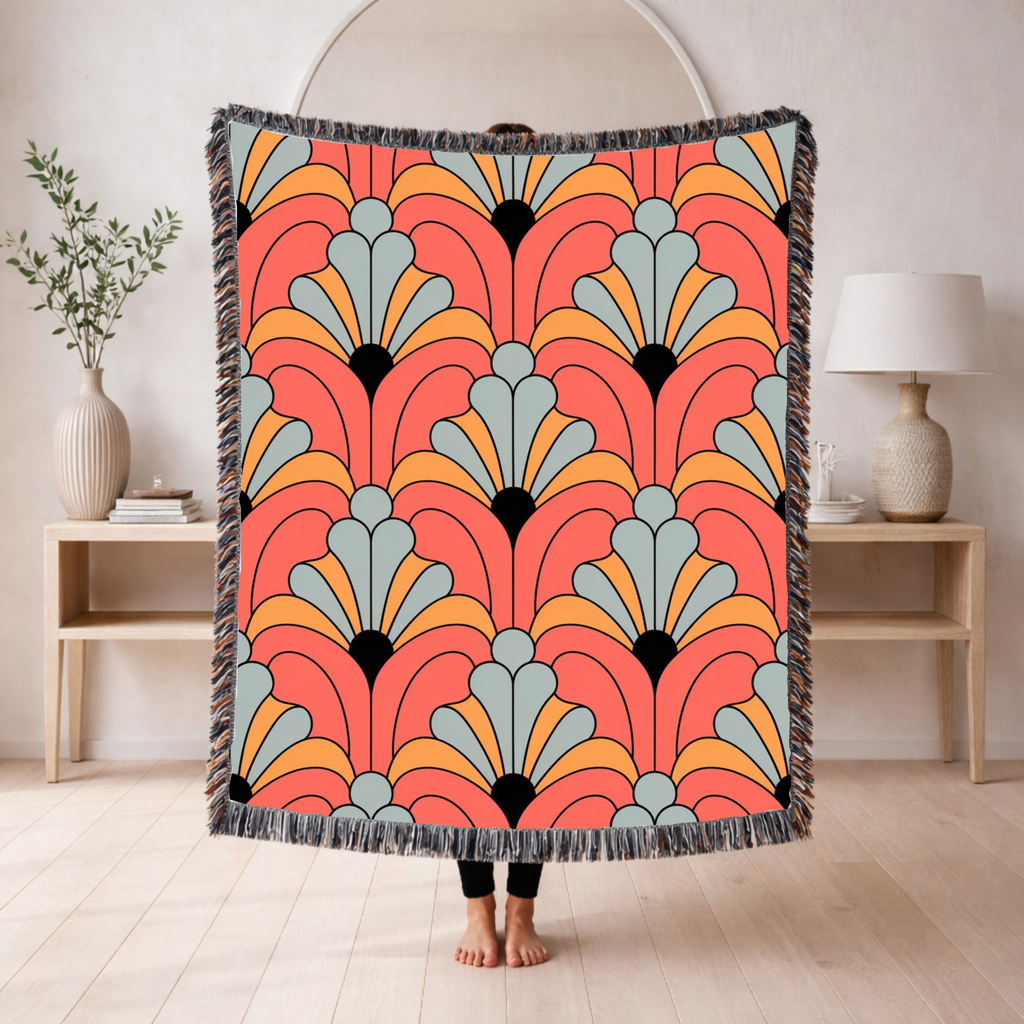 🧡 Groovy Fan Throw — 1960s Mod Scallop Woven Blanket