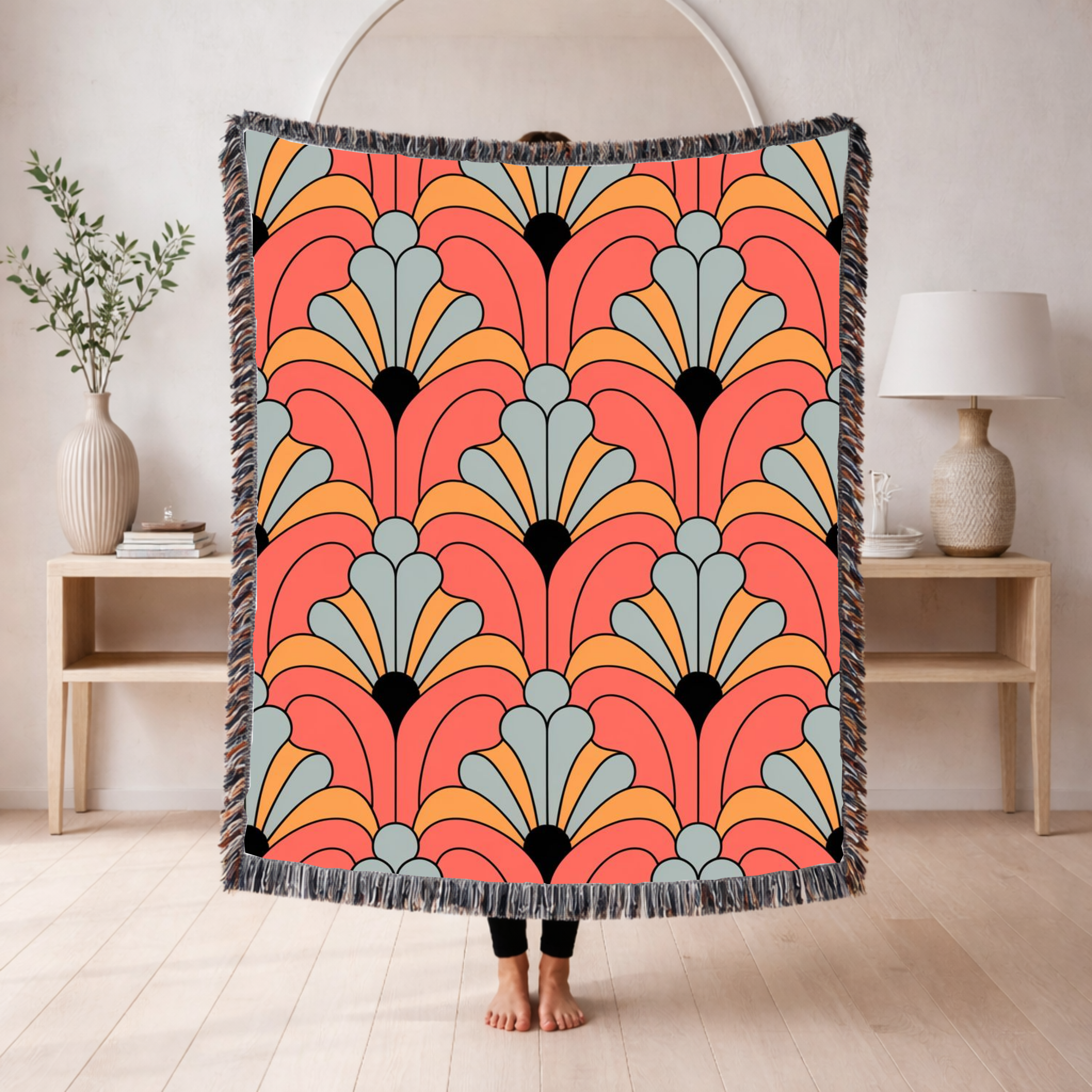 🧡 Groovy Fan Throw — 1960s Mod Scallop Woven Blanket