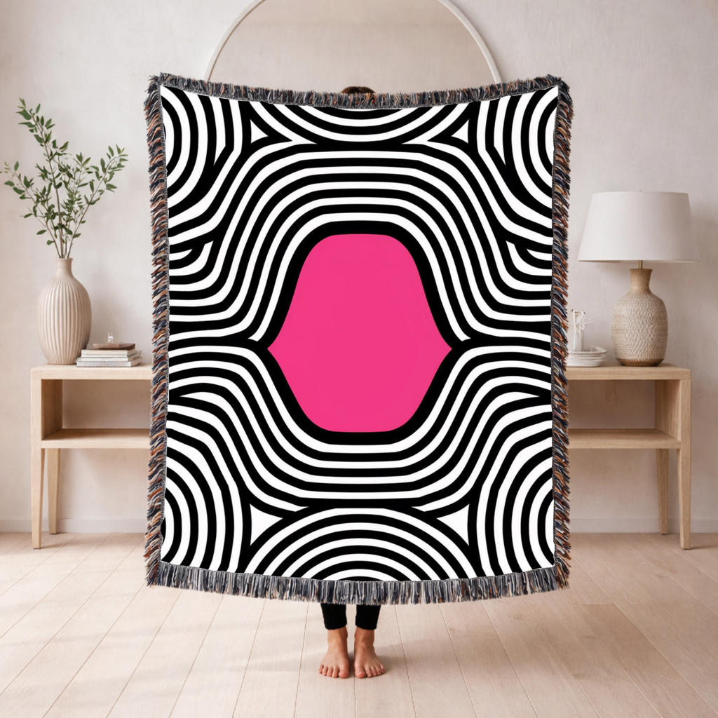 🩷 Pink Vortex Throw — 1960s Op Art Woven Blanket