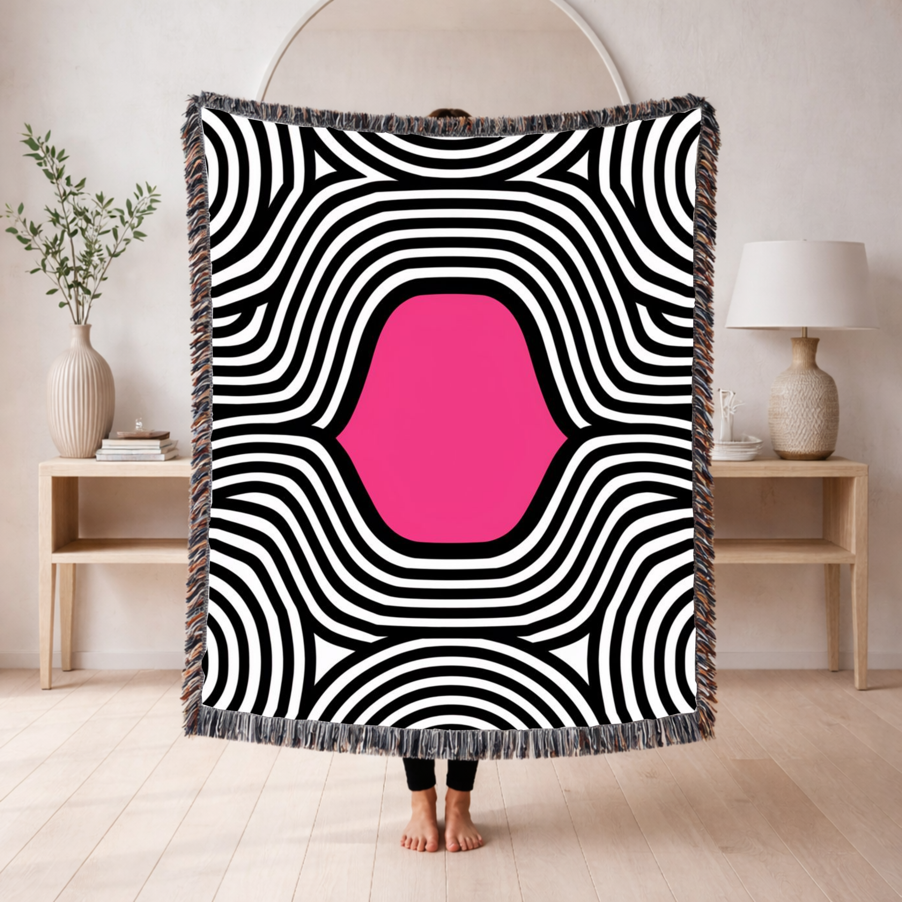 🩷 Pink Vortex Throw — 1960s Op Art Woven Blanket