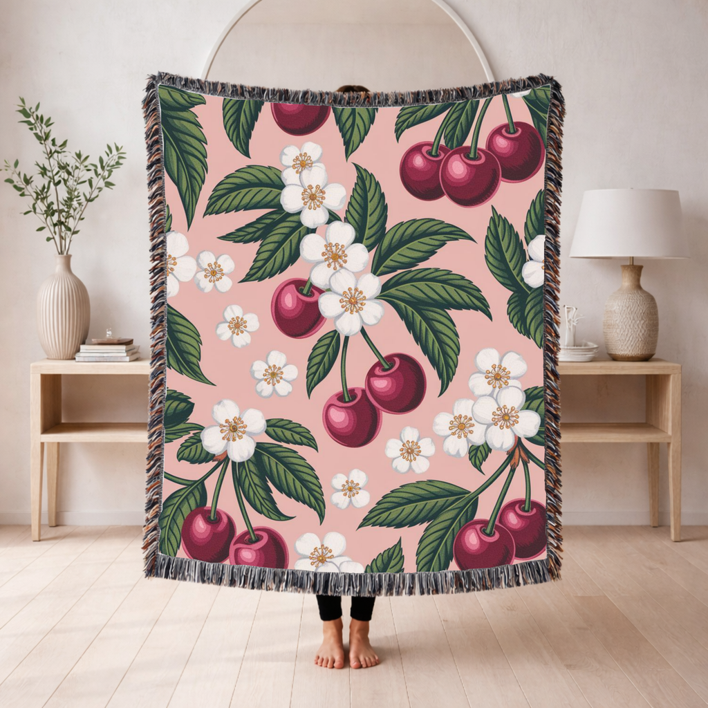 🍒 Orchard Blossom Throw — 1950s Cherry Garden Woven Blanket
