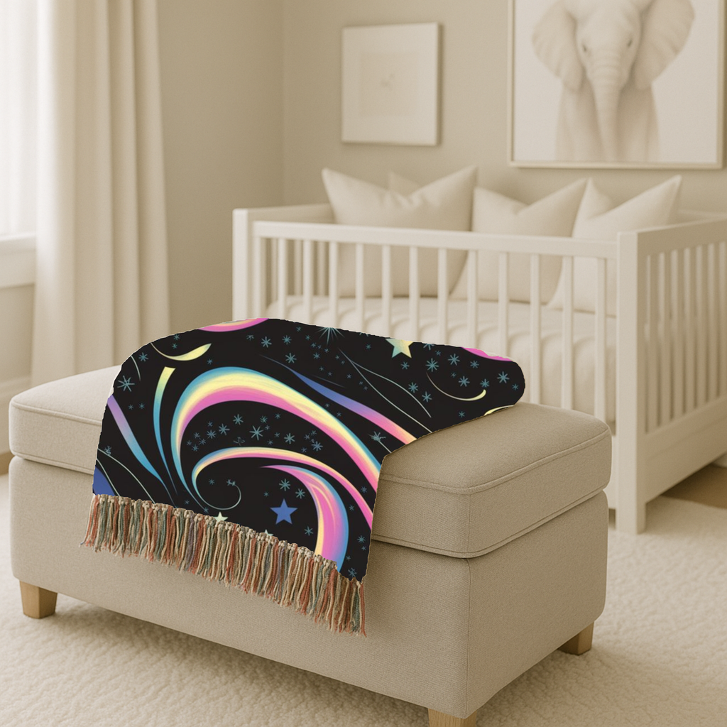Stardust Throw — 2000s Y2K Rainbow Star Swirl Woven Blanket