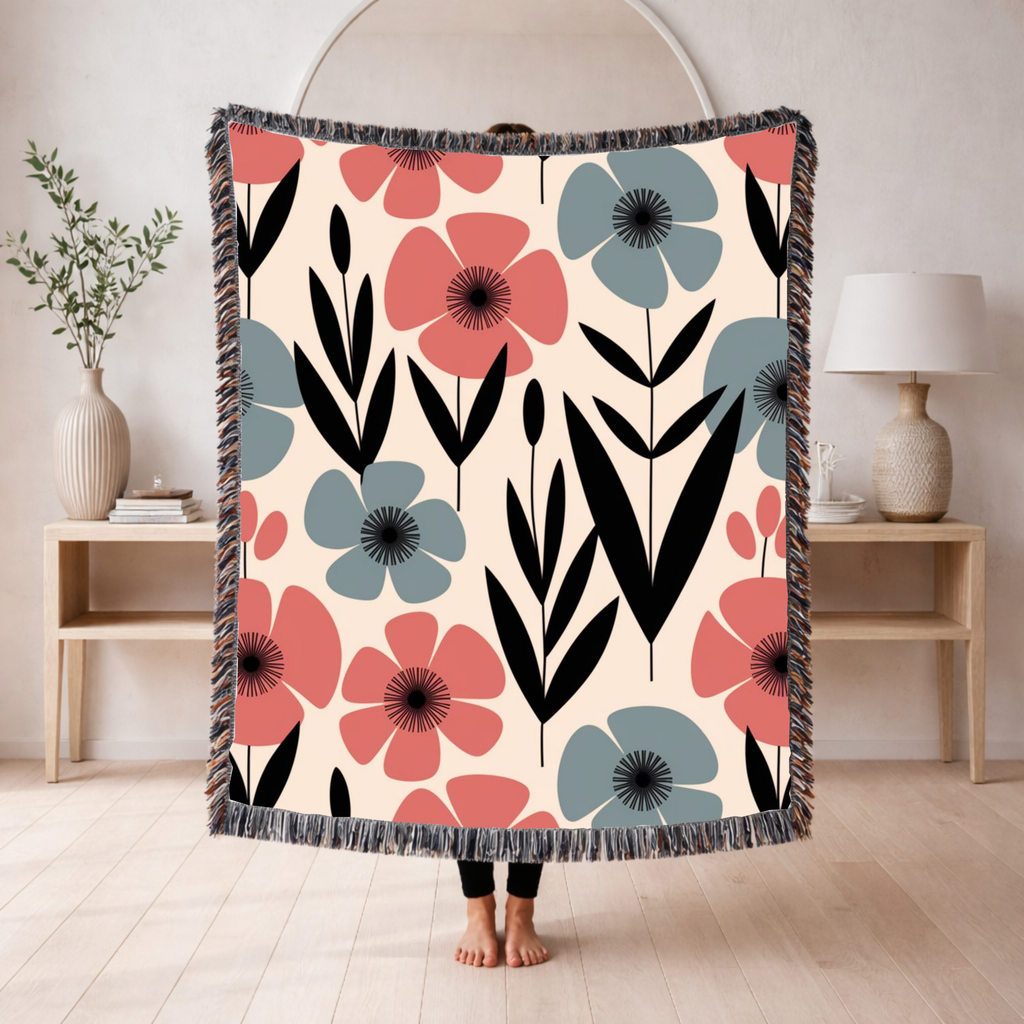 🌸 Nordic Bloom Throw — 1950s Scandinavian Floral Woven Blanket