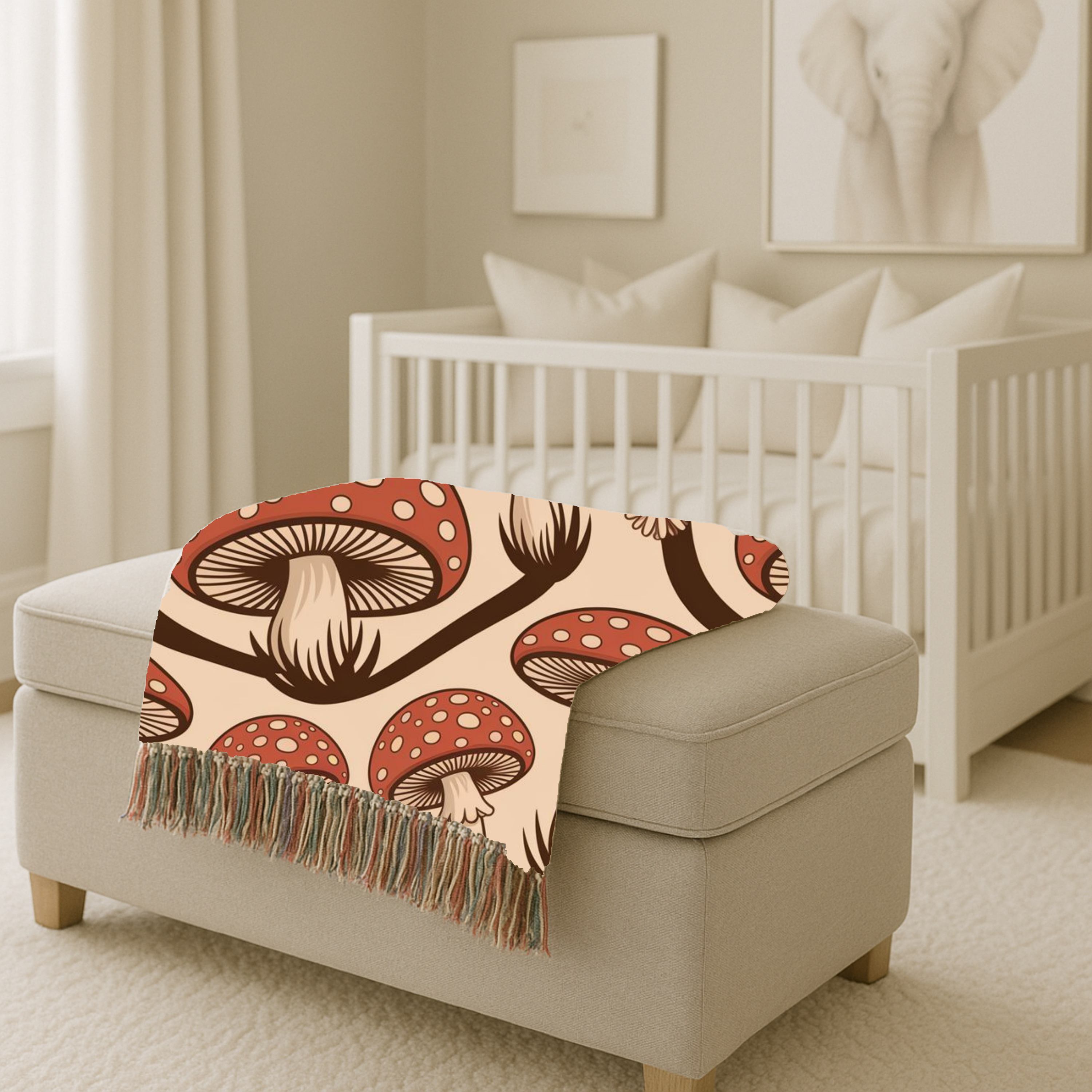 Forest Floor Throw — 1970s Woodland Mushroom Woven Blanket