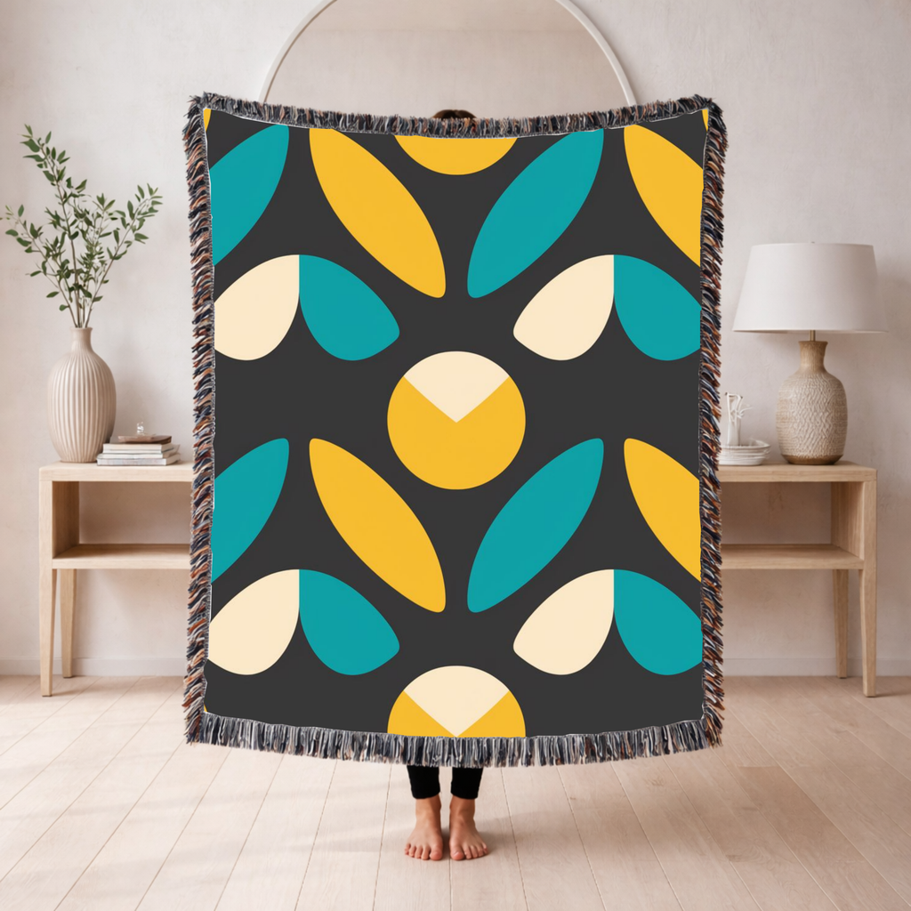 Mod Petal Throw — 1960s Geometric Botanical Woven Blanket