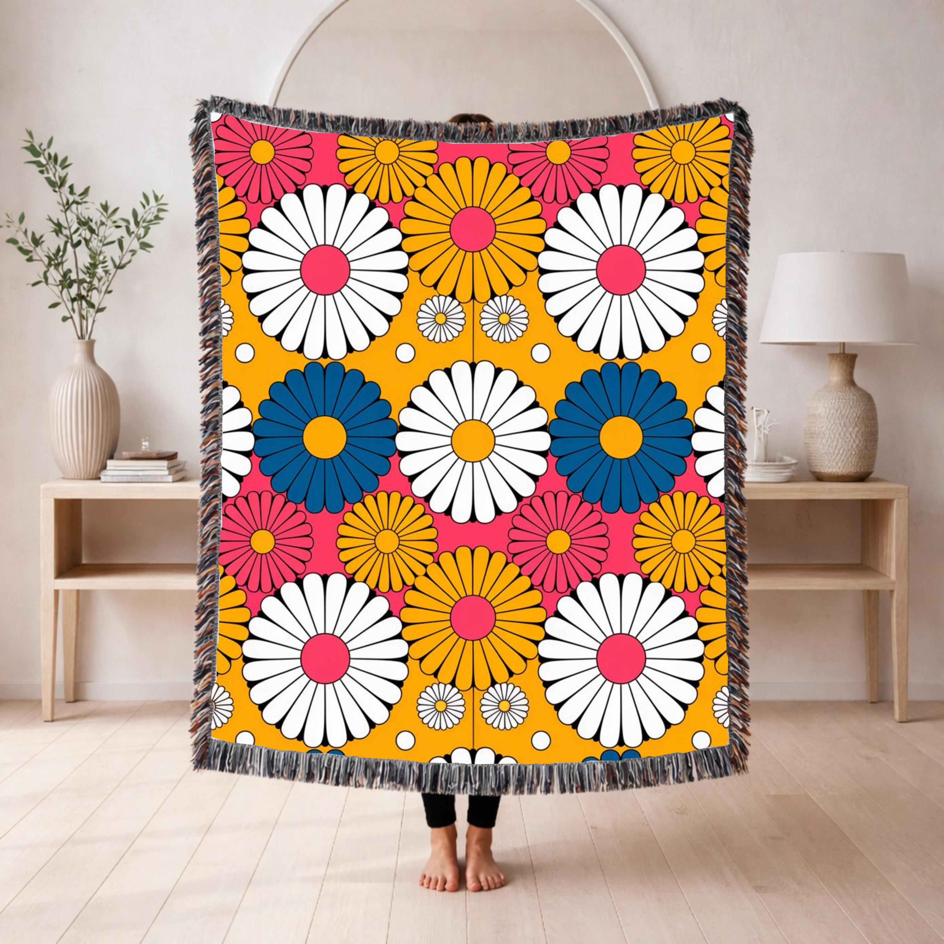 🌼  Mustard Daisy Throw — 1960s Mod Flower Woven Blanket
