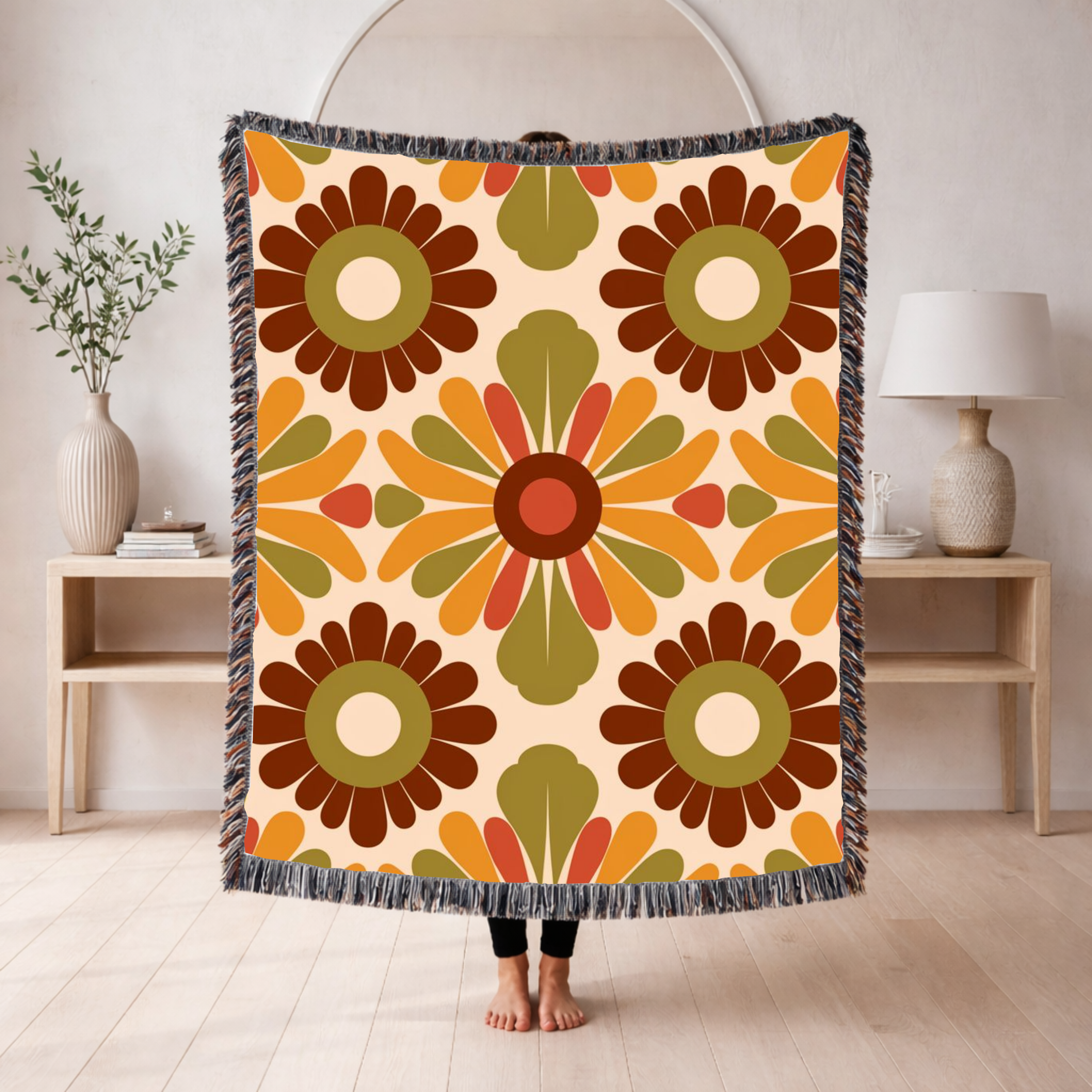 🌼 🌻  Harvest Medallion Throw — 1970s Folk Floral Woven Blanket