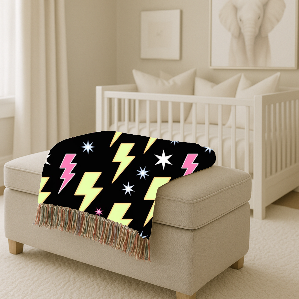 Lightning Strike Throw — 1980s Neon Bolt Woven Blanket