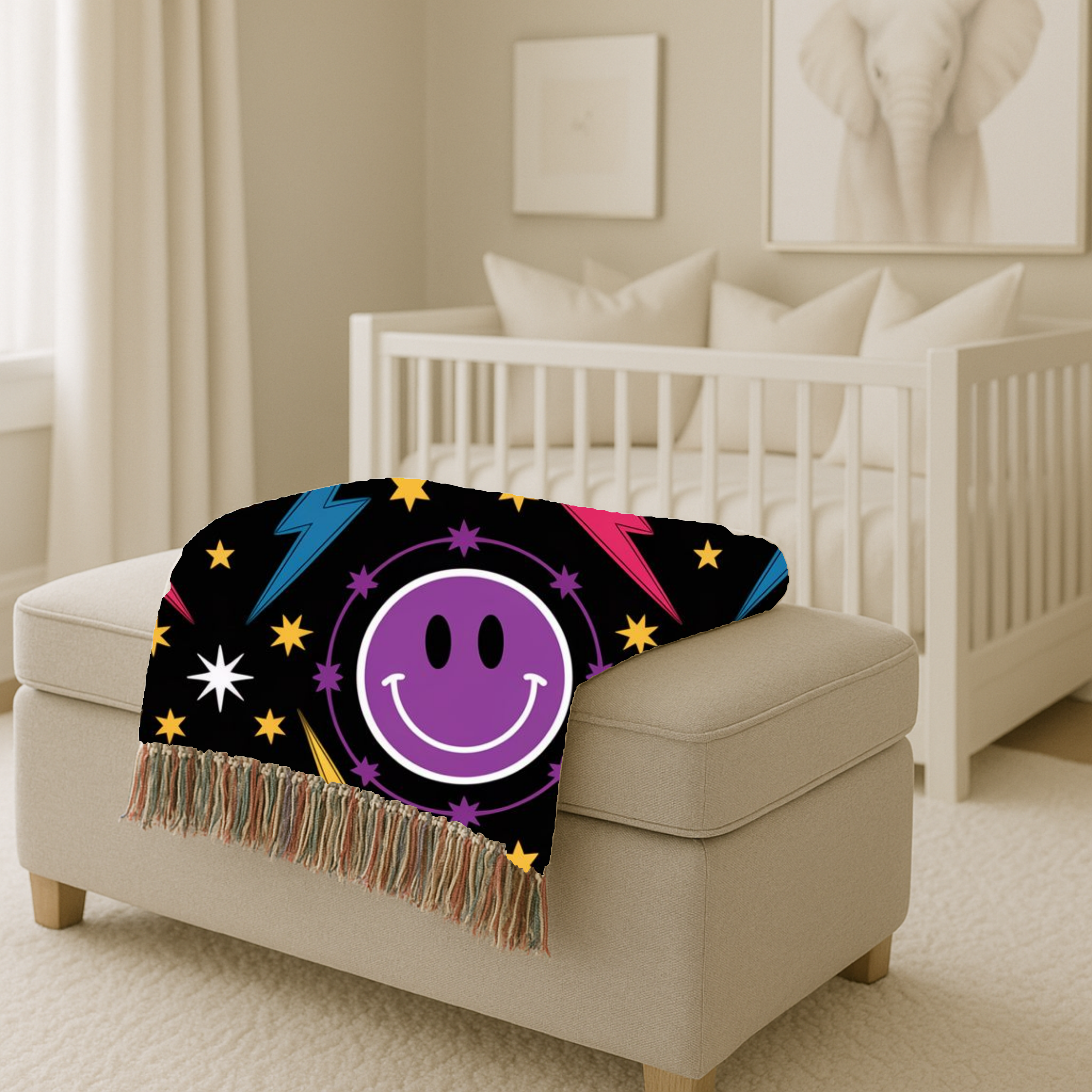 Bolts & Smiles Throw — 1990s Smiley & Lightning Woven Blanket