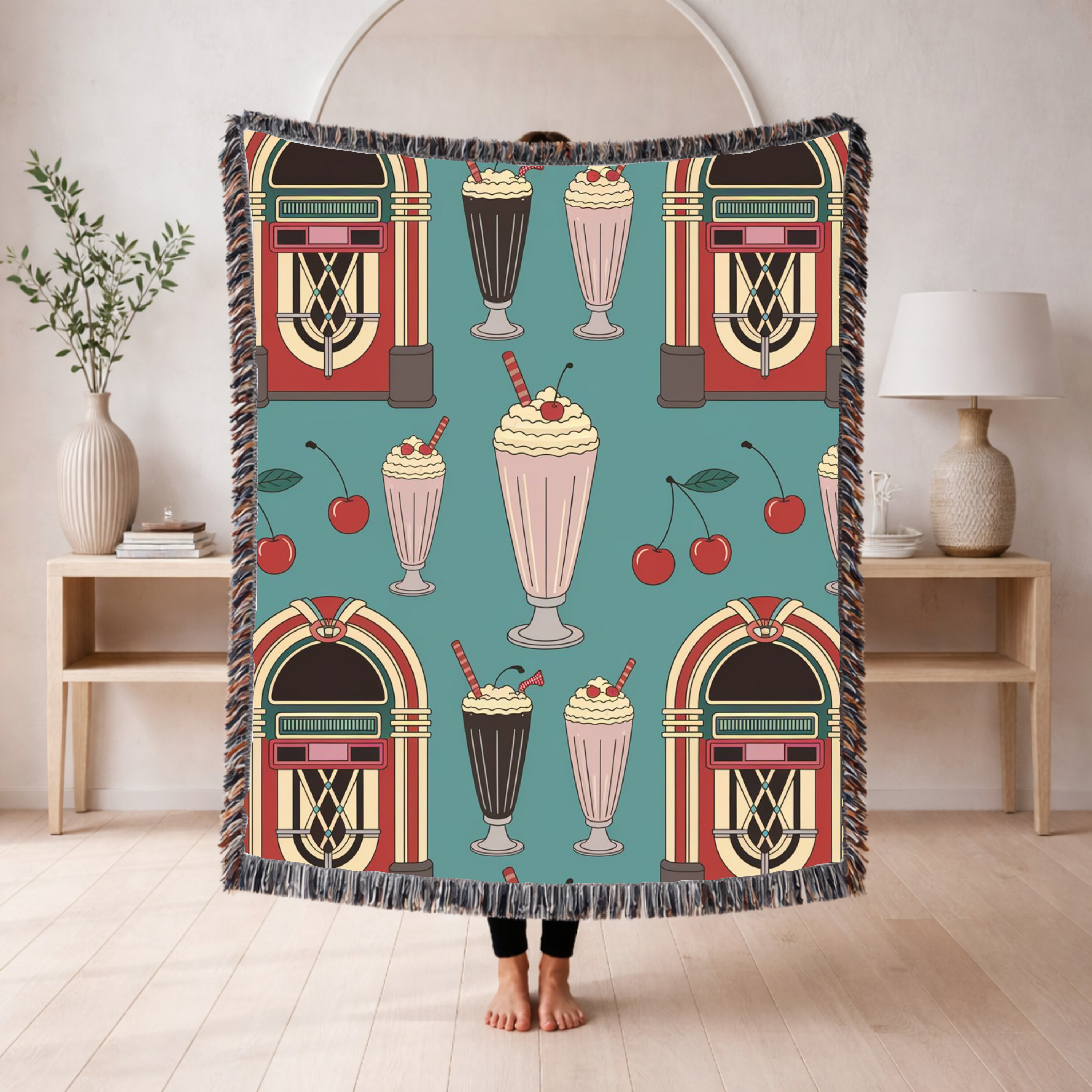 🎵🥤Vanilla Diner Throw — 1950s Jukebox Woven Blanket