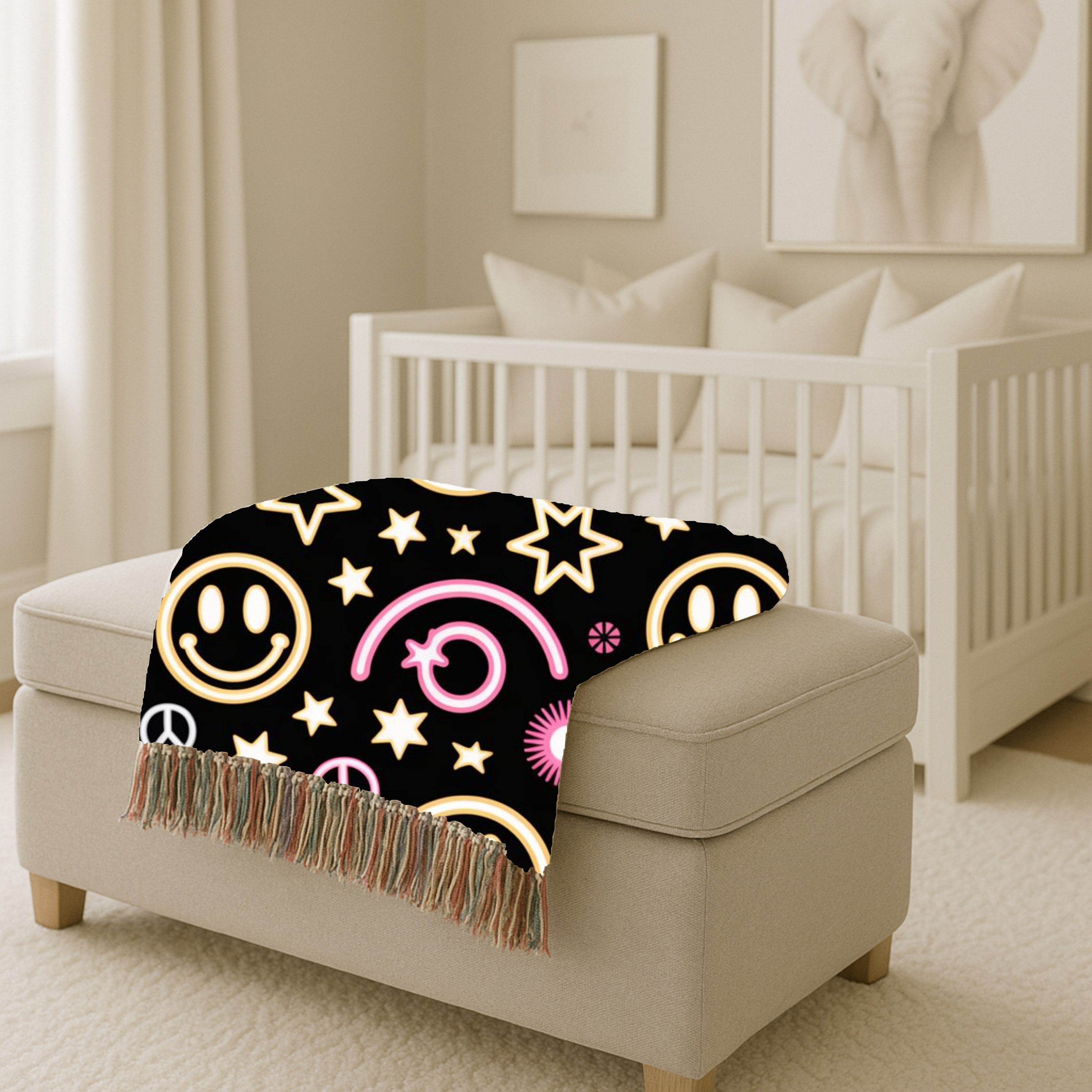 Happy Daze Throw — 1990s Smiley Face & Peace Woven Blanket