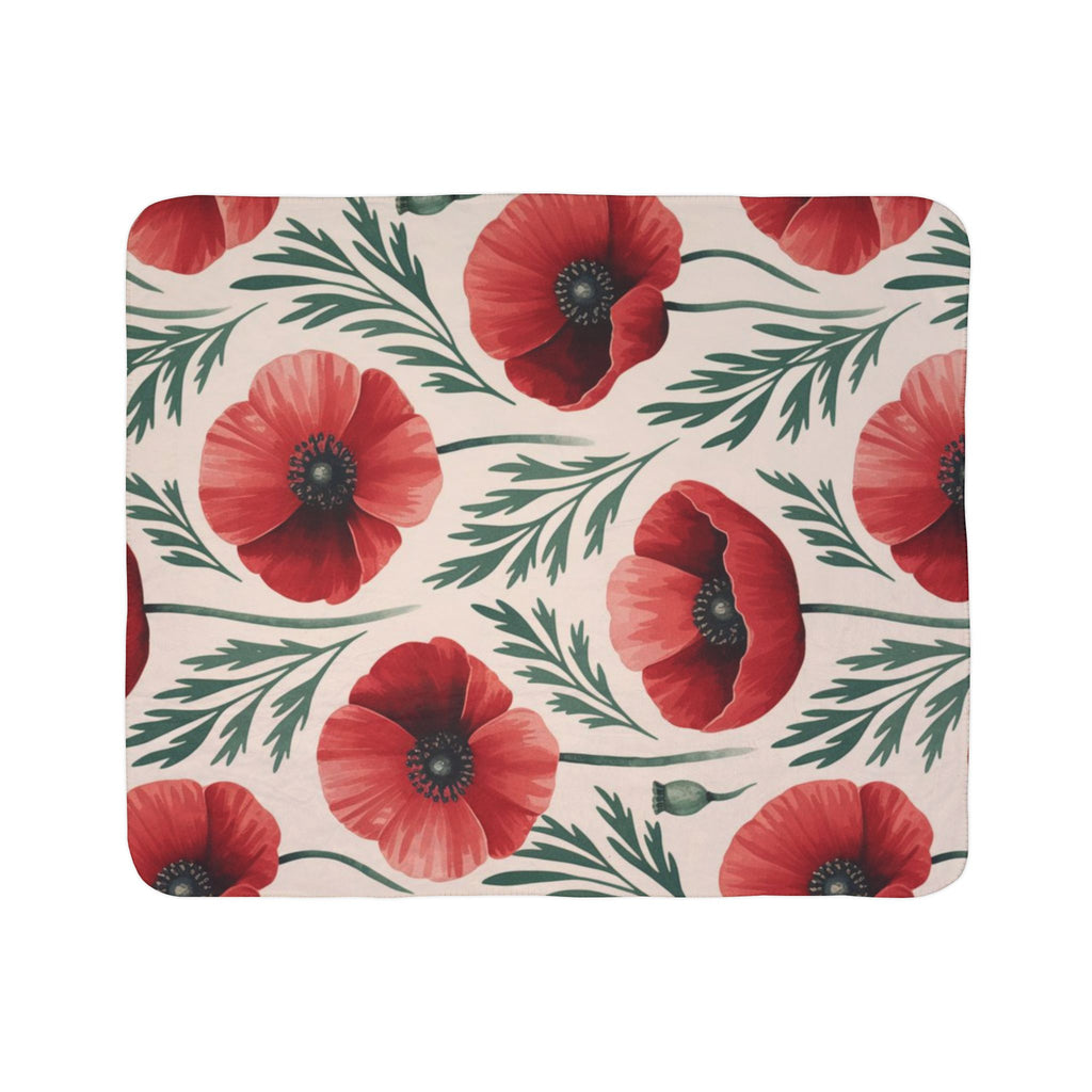 Poppy Floral Sherpa Blanket — Cozy Fleece Throw with Red Poppy Pattern
