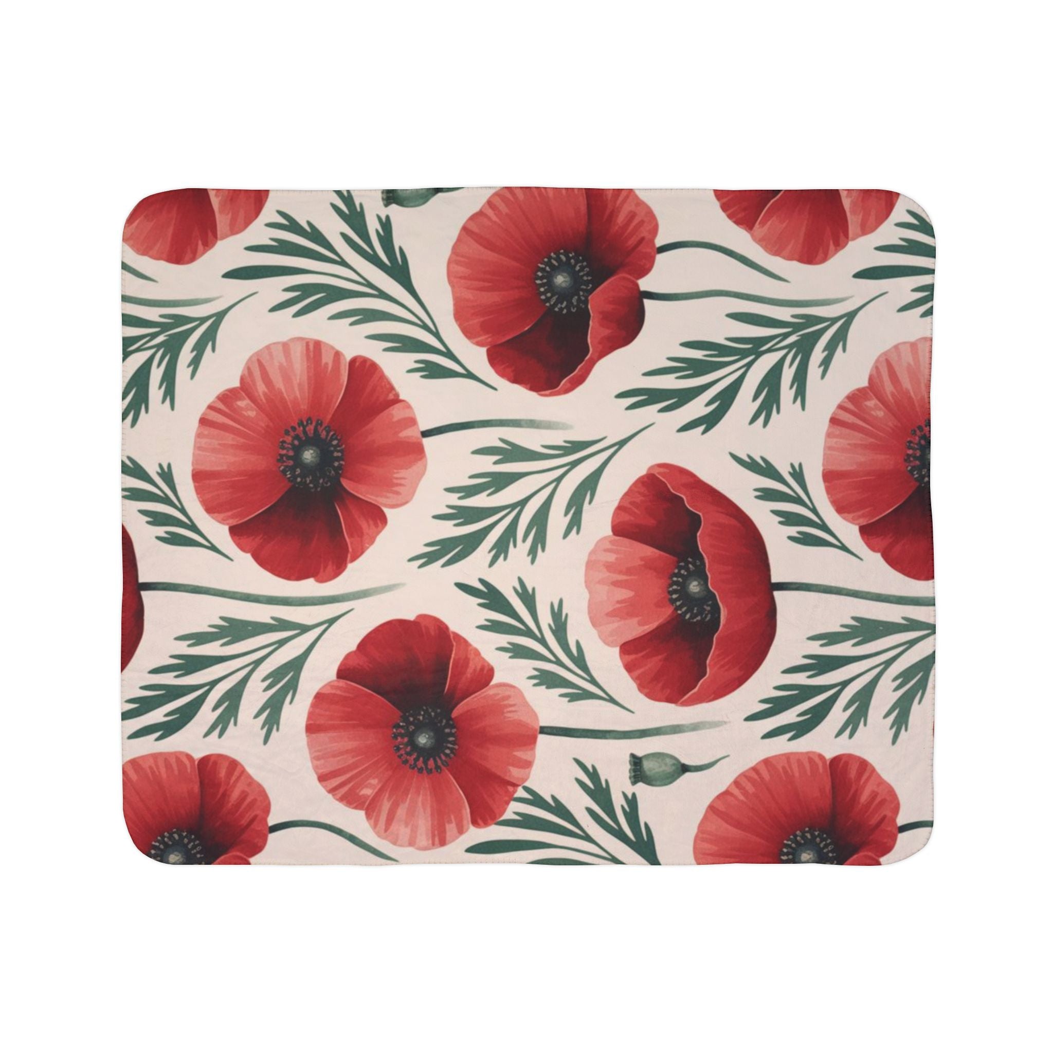 Poppy Floral Sherpa Blanket — Cozy Fleece Throw with Red Poppy Pattern