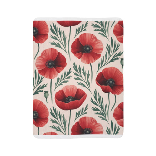 Poppy Floral Sherpa Blanket — Cozy Fleece Throw with Red Poppy Pattern